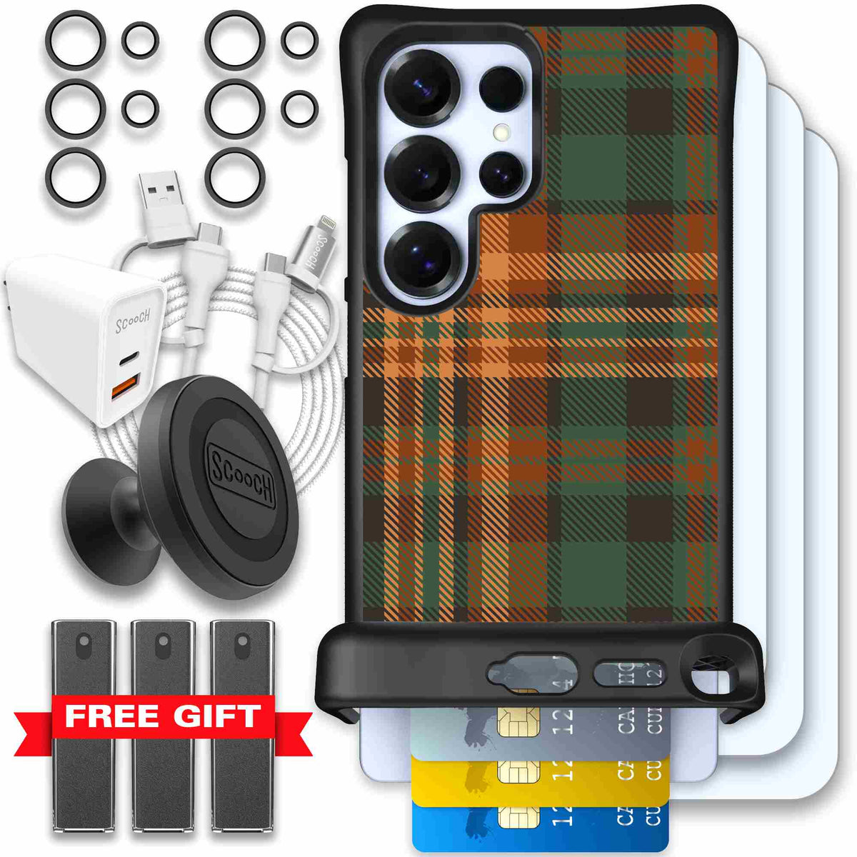 Fall Flannel orange and brown plaid pattern on a Scooch Wingmate case for Galaxy S25 Ultra - Ultimate Bundle