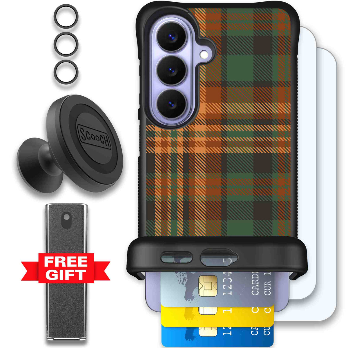 Fall Flannel orange and brown plaid pattern on a Scooch Wingmate case for Galaxy S26 - Defender Bundle