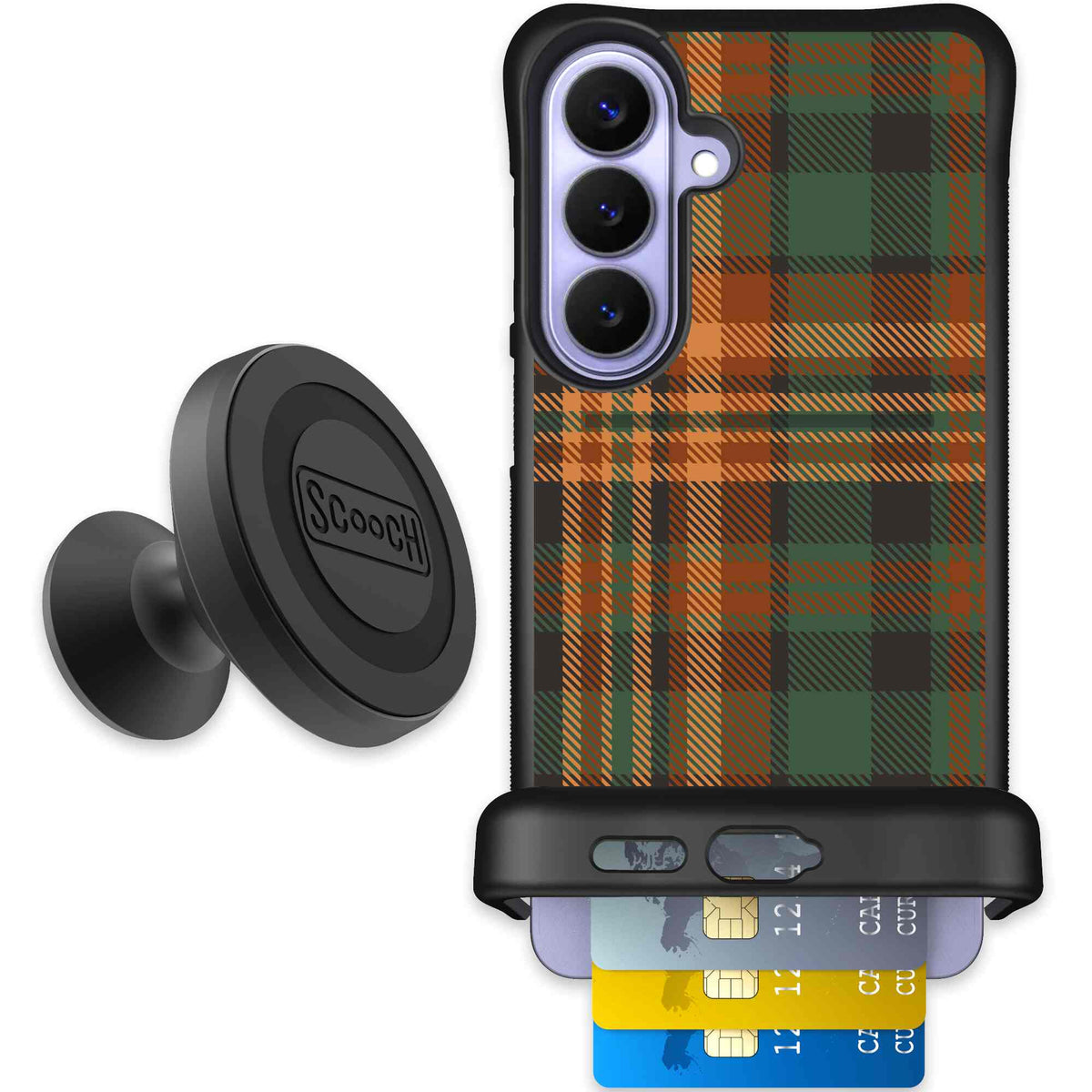 Fall Flannel orange and brown plaid pattern on a Scooch Wingmate case for Galaxy S26+ - Starter Bundle