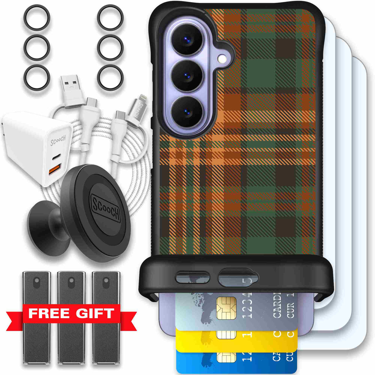 Fall Flannel orange and brown plaid pattern on a Scooch Wingmate case for Galaxy S26 - Ultimate Bundle