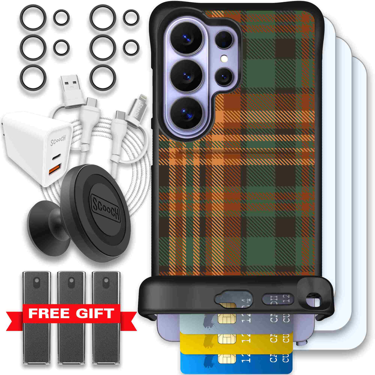 Fall Flannel orange and brown plaid pattern on a Scooch Wingmate case for Galaxy S26 Ultra - Ultimate Bundle
