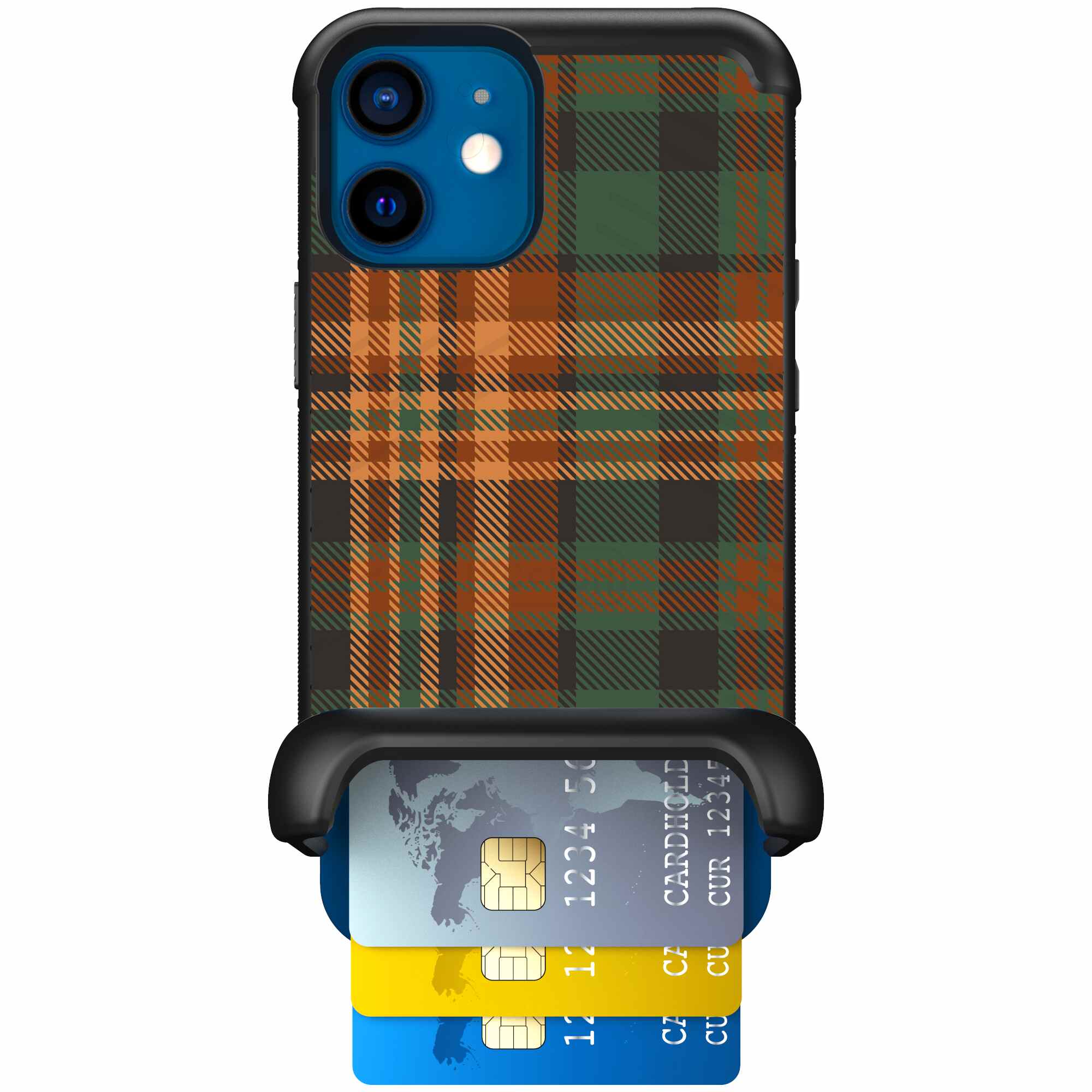 Fall Flannel orange and brown plaid pattern on a Scooch Wingmate case for iPhone 12 mini