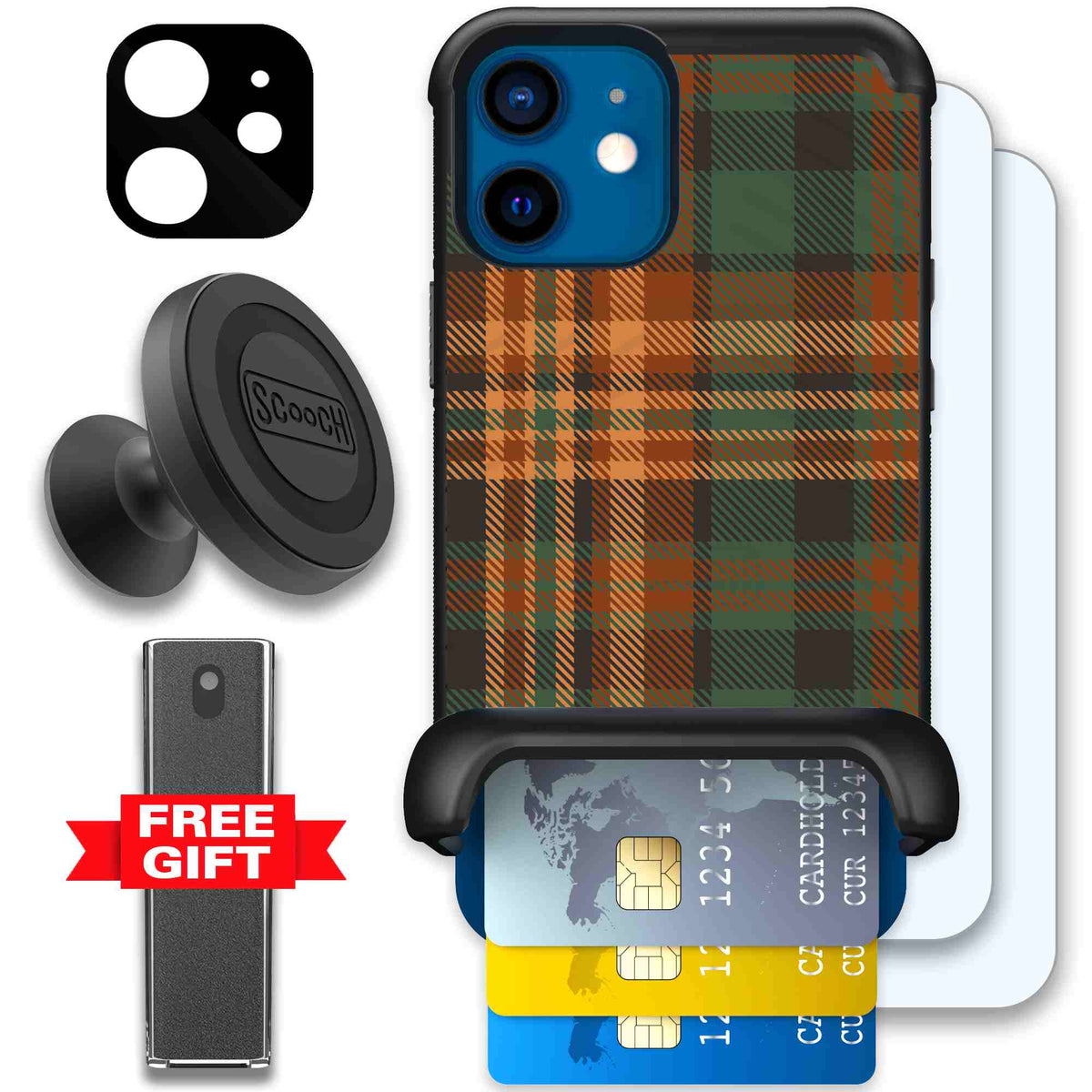 Fall Flannel orange and brown plaid pattern on a Scooch Wingmate case for iPhone 12 mini - Defender Bundle