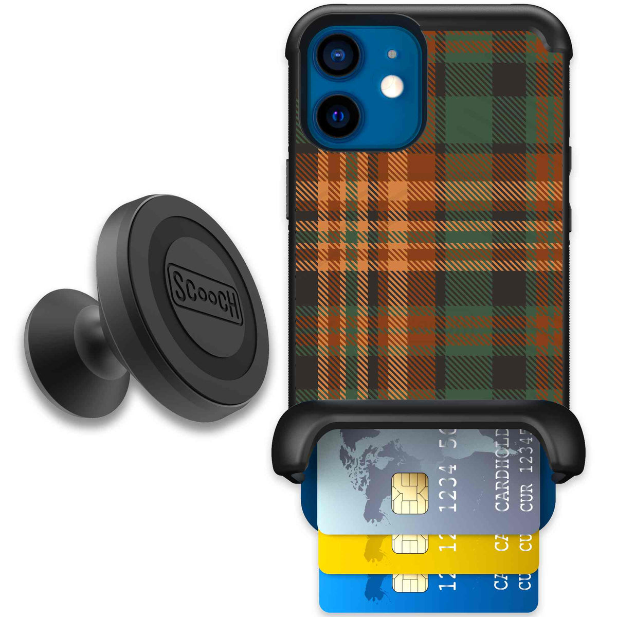 Fall Flannel orange and brown plaid pattern on a Scooch Wingmate case for iPhone 12 mini - Starter Bundle