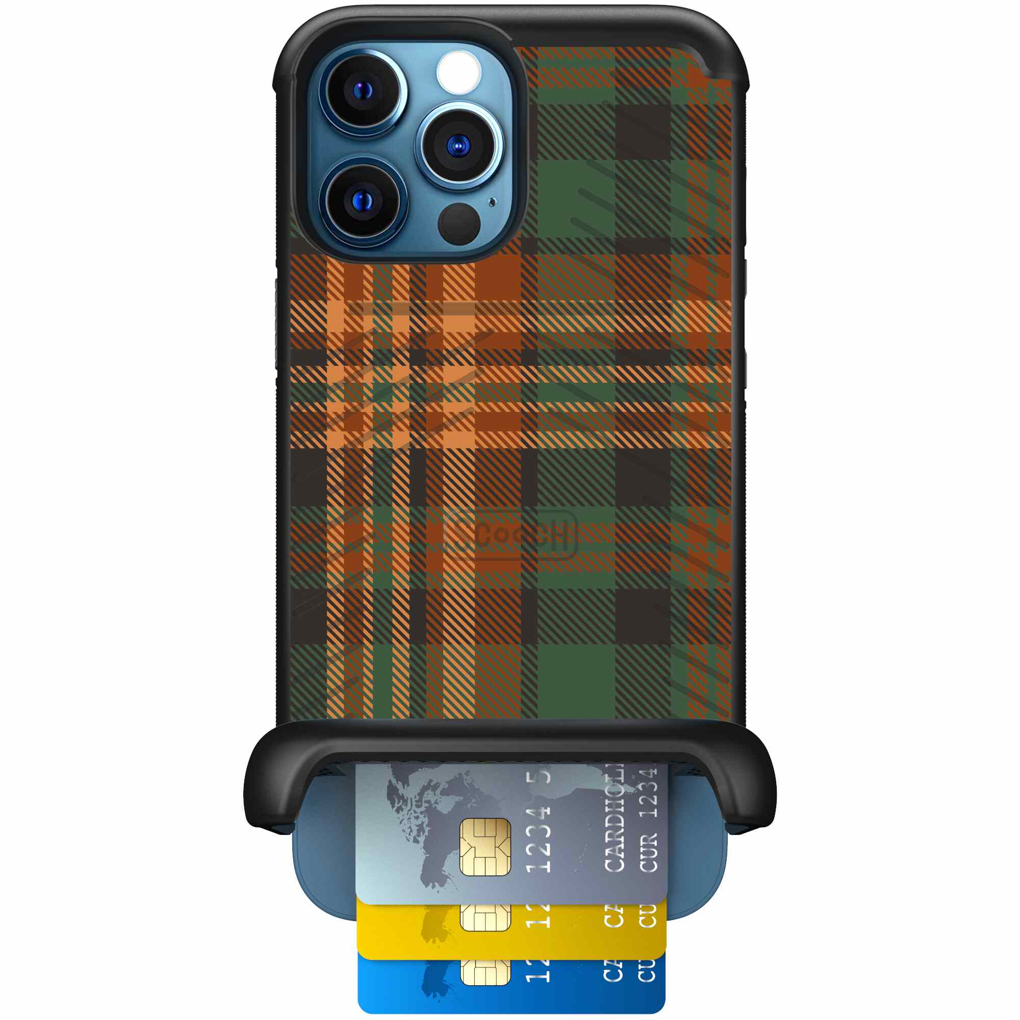 Fall Flannel orange and brown plaid pattern on a Scooch Wingmate case for iPhone 12 Pro Max