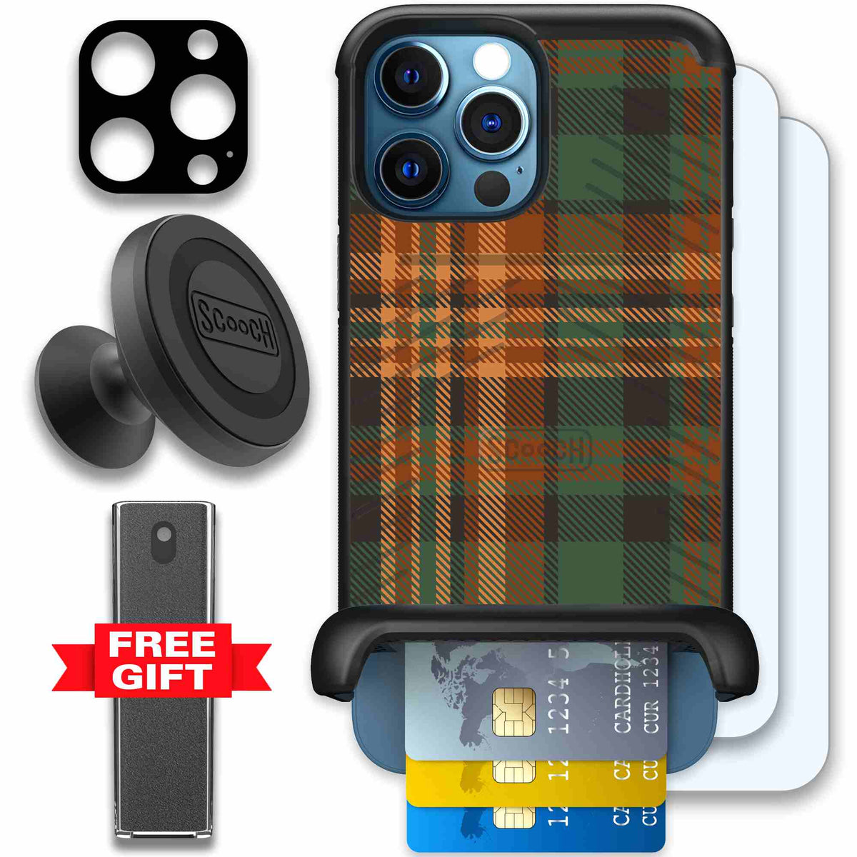 Fall Flannel orange and brown plaid pattern on a Scooch Wingmate case for iPhone 12 Pro Max - Defender Bundle