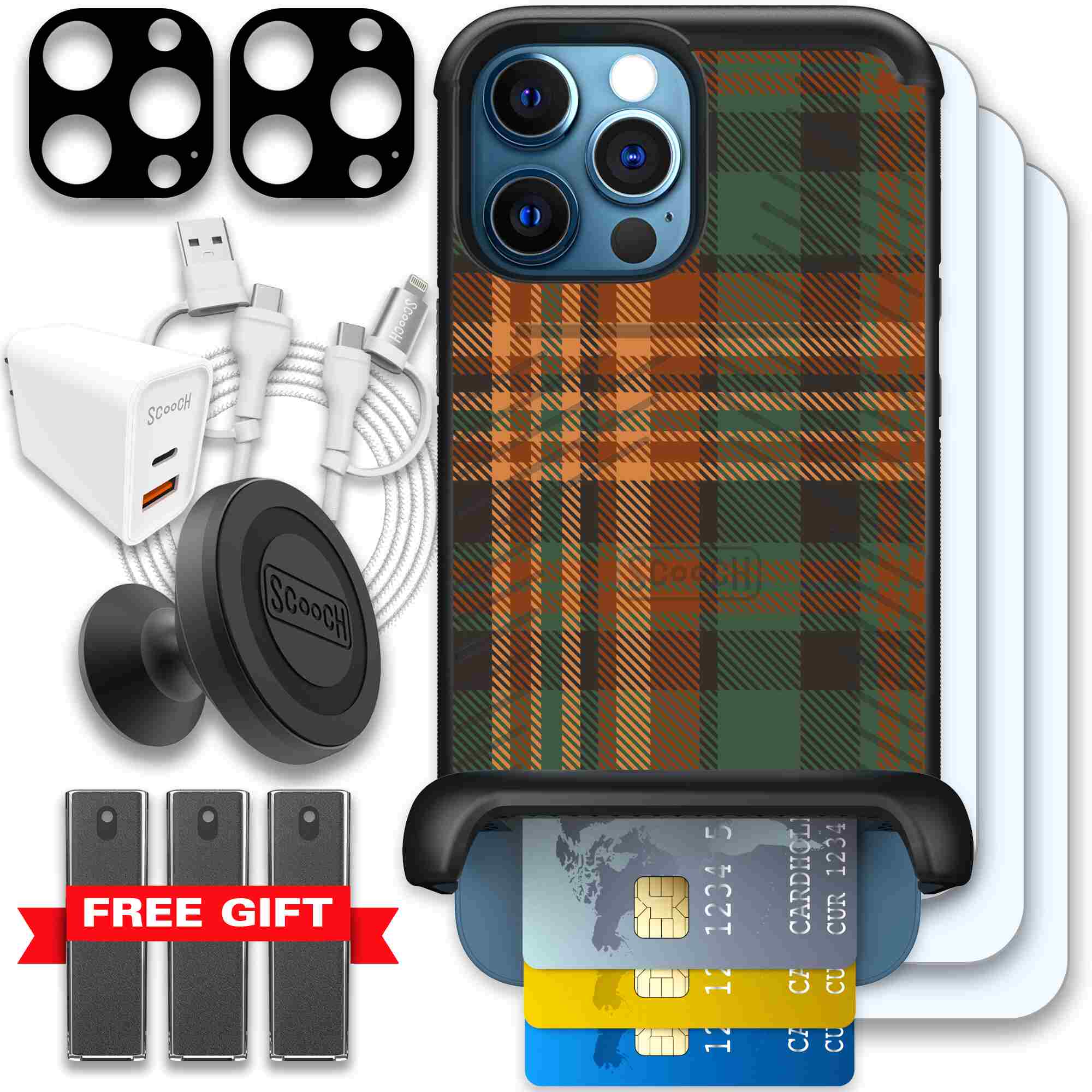 Fall Flannel orange and brown plaid pattern on a Scooch Wingmate case for iPhone 12 Pro Max - Ultimate Bundle