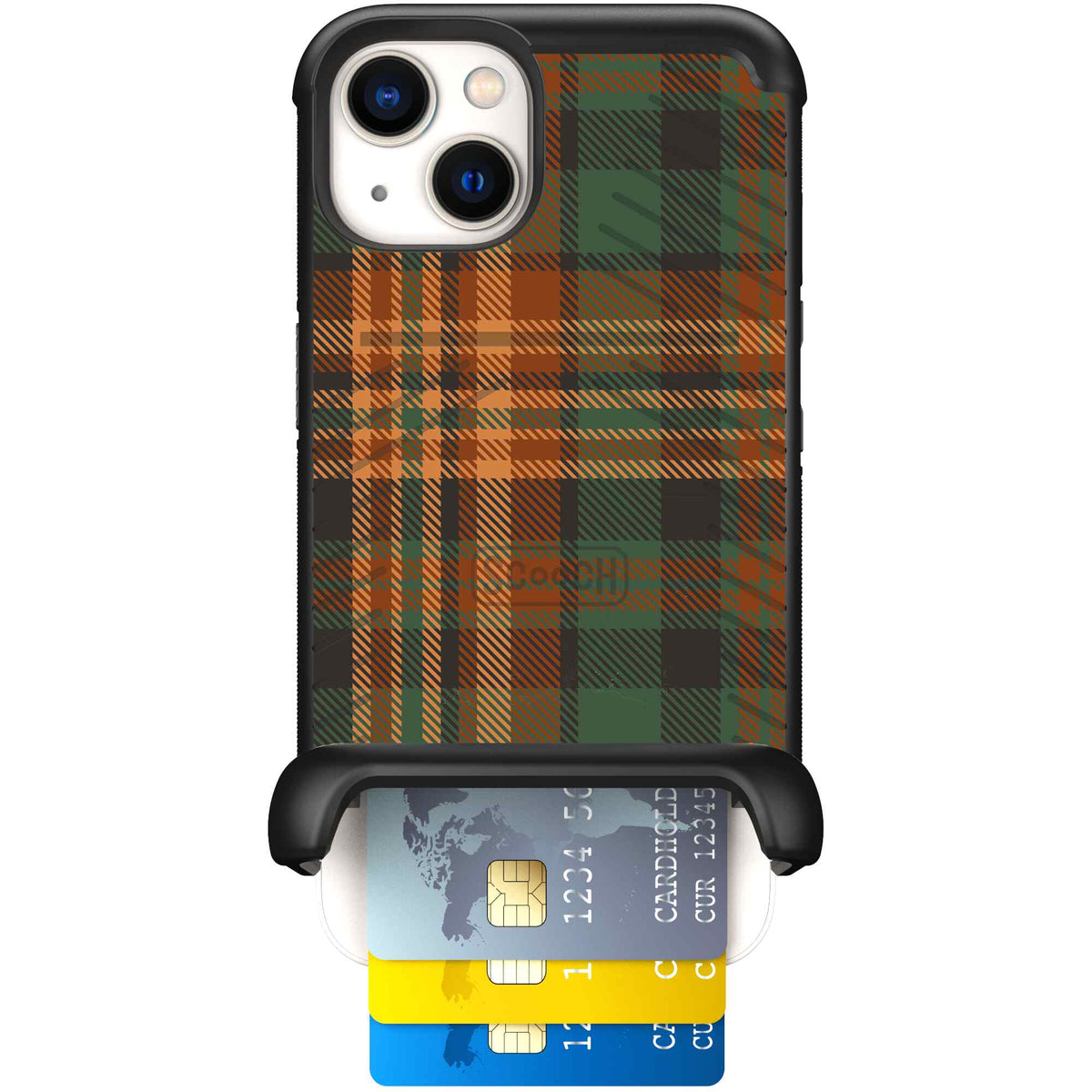 Fall Flannel orange and brown plaid pattern on a Scooch Wingmate case for iPhone 13