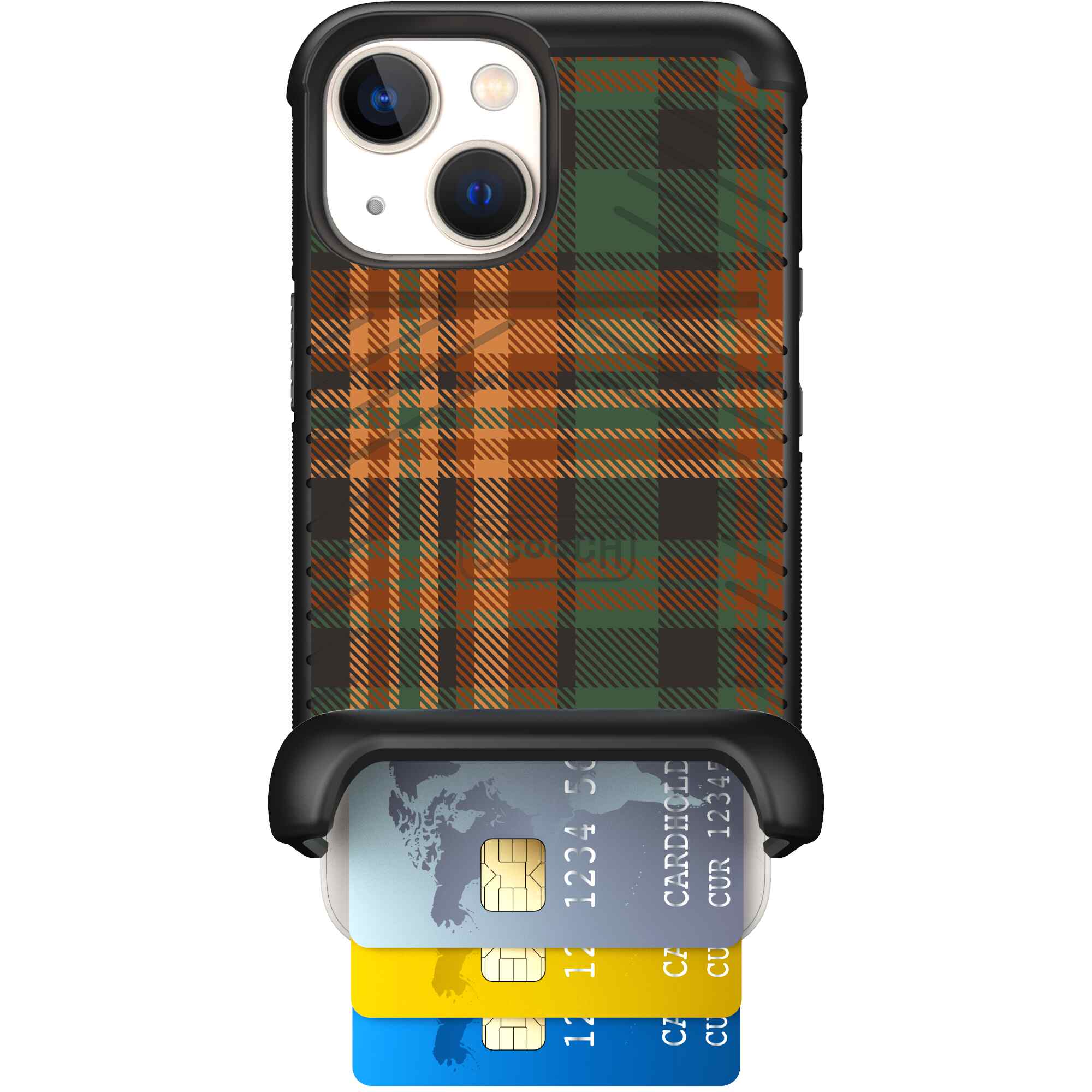 Fall Flannel orange and brown plaid pattern on a Scooch Wingmate case for iPhone 13 mini