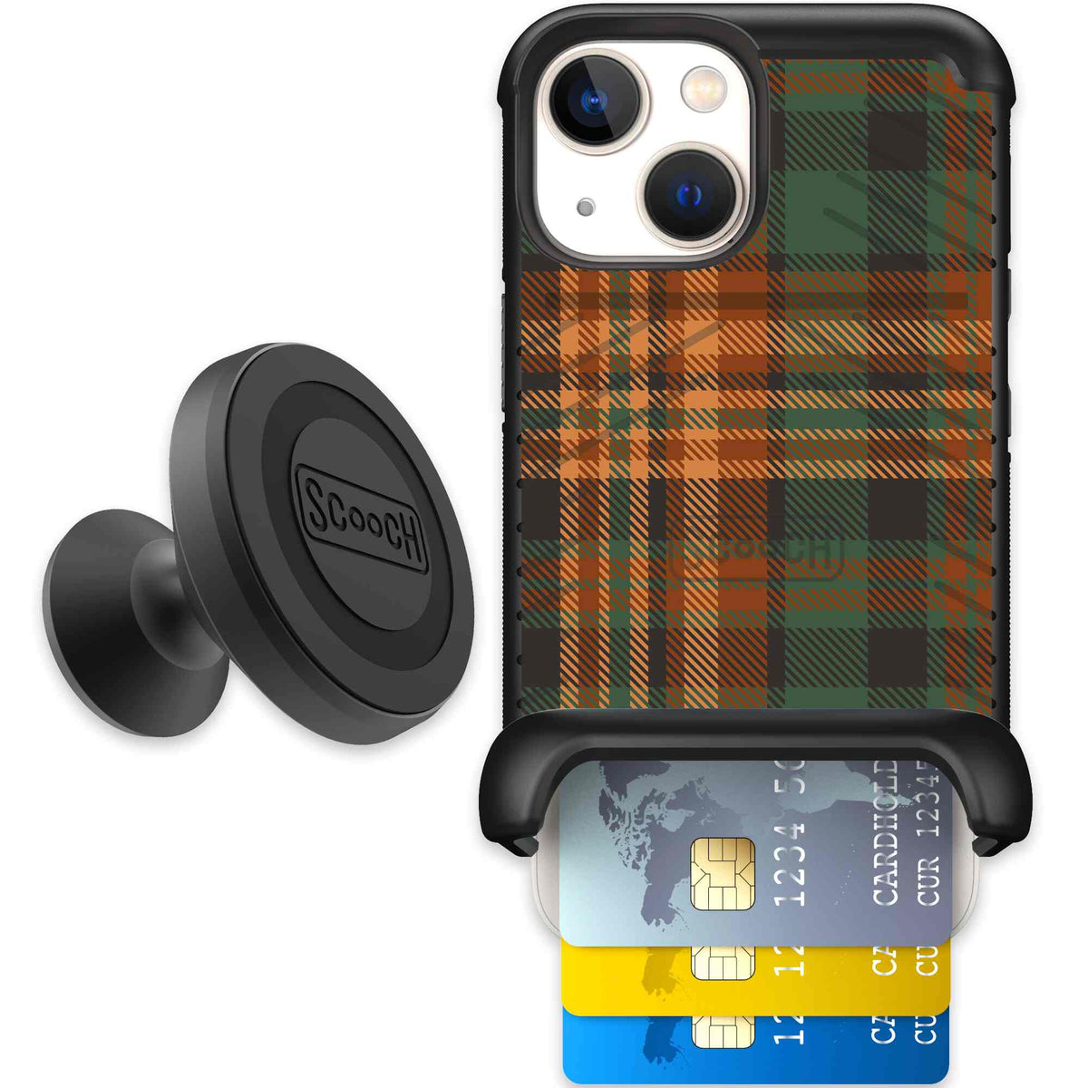 Fall Flannel orange and brown plaid pattern on a Scooch Wingmate case for iPhone 13 mini - Starter Bundle