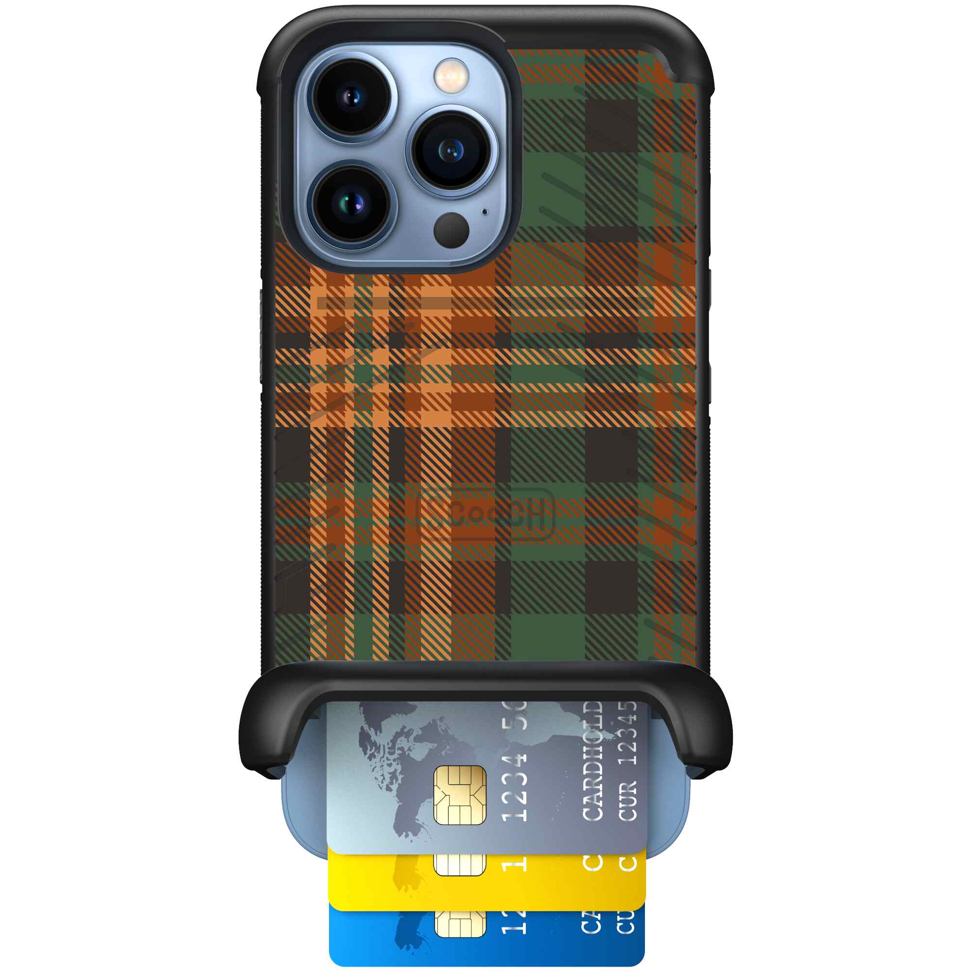 Fall Flannel orange and brown plaid pattern on a Scooch Wingmate case for iPhone 13 Pro