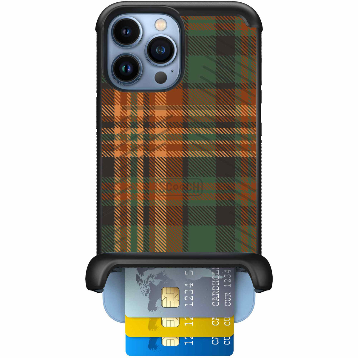 Fall Flannel orange and brown plaid pattern on a Scooch Wingmate case for iPhone 13 Pro Max