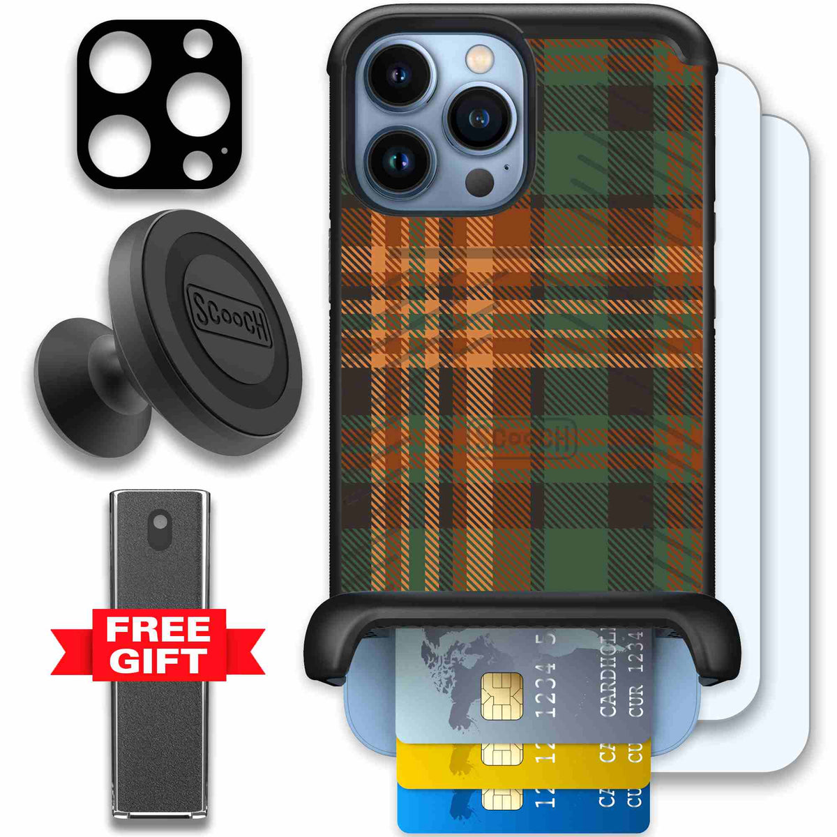 Fall Flannel orange and brown plaid pattern on a Scooch Wingmate case for iPhone 13 Pro Max - Defender Bundle