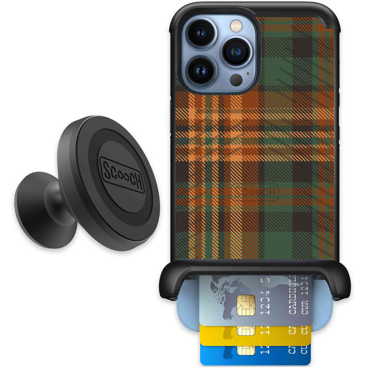 Fall Flannel orange and brown plaid pattern on a Scooch Wingmate case for iPhone 13 Pro Max - Starter Bundle