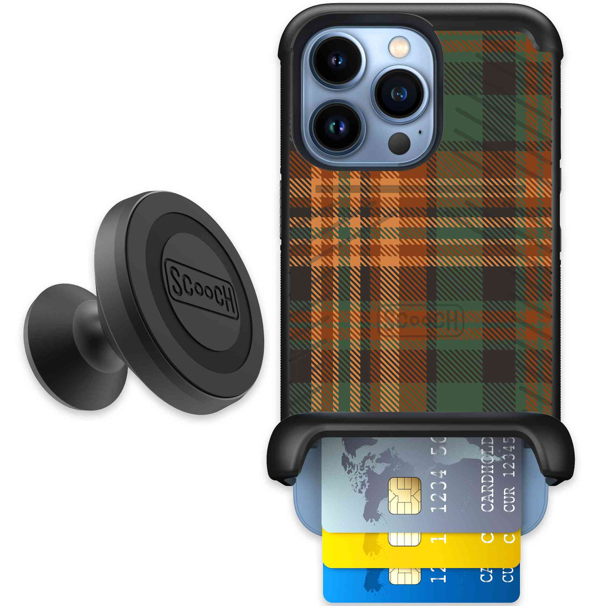 Fall Flannel orange and brown plaid pattern on a Scooch Wingmate case for iPhone 13 Pro - Starter Bundle