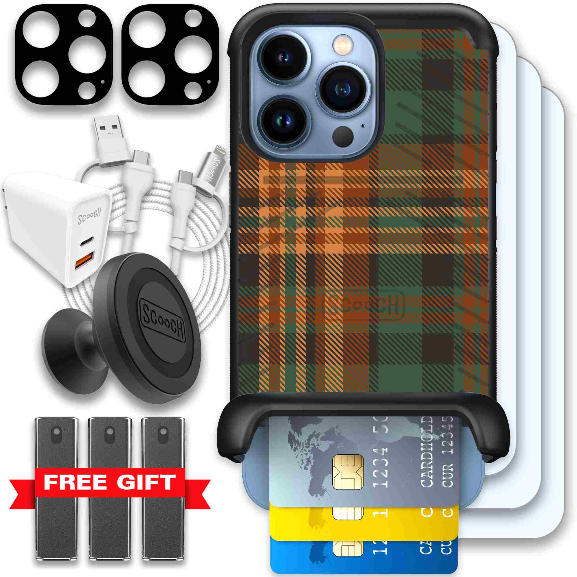 Fall Flannel orange and brown plaid pattern on a Scooch Wingmate case for iPhone 13 Pro - Ultimate Bundle
