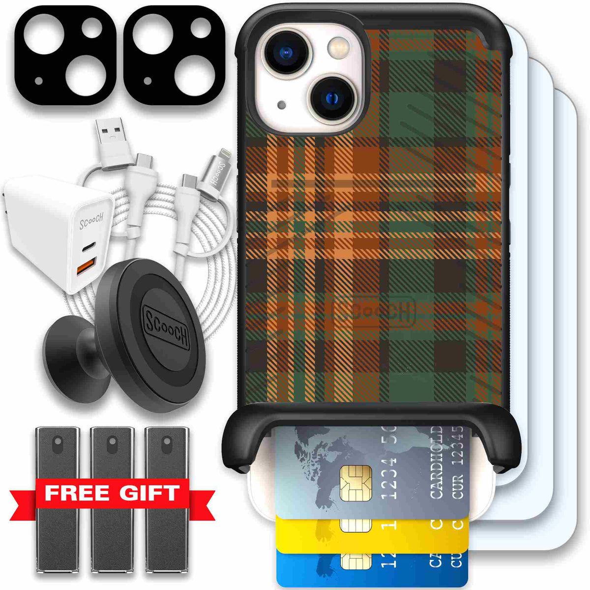 Fall Flannel orange and brown plaid pattern on a Scooch Wingmate case for iPhone 13 - Ultimate Bundle