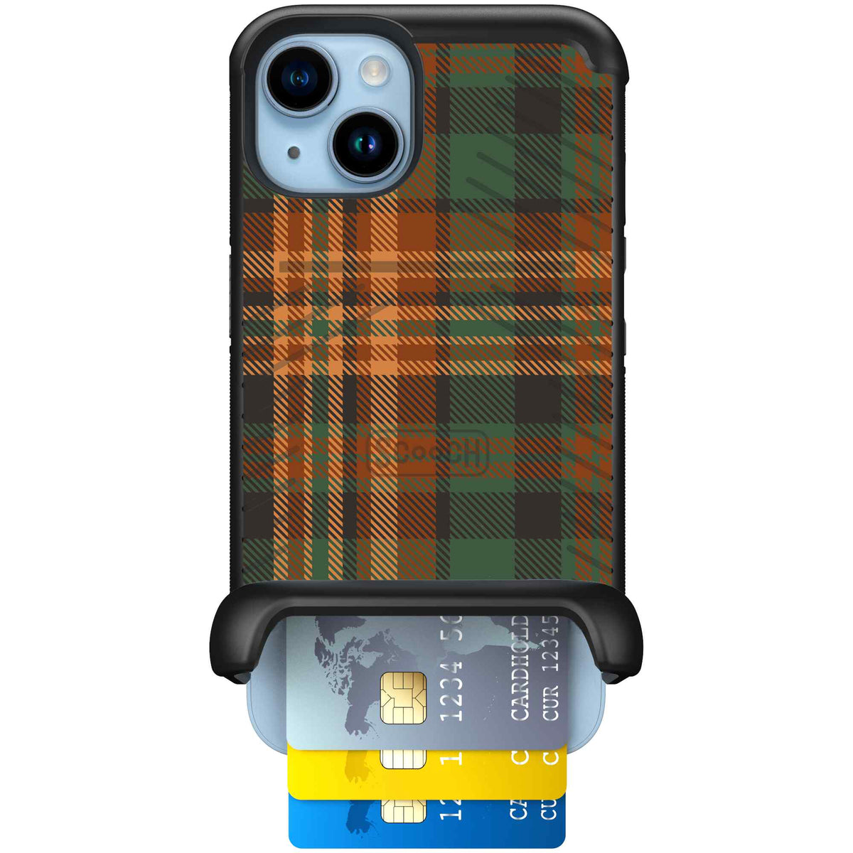 Fall Flannel orange and brown plaid pattern on a Scooch Wingmate case for iPhone 14