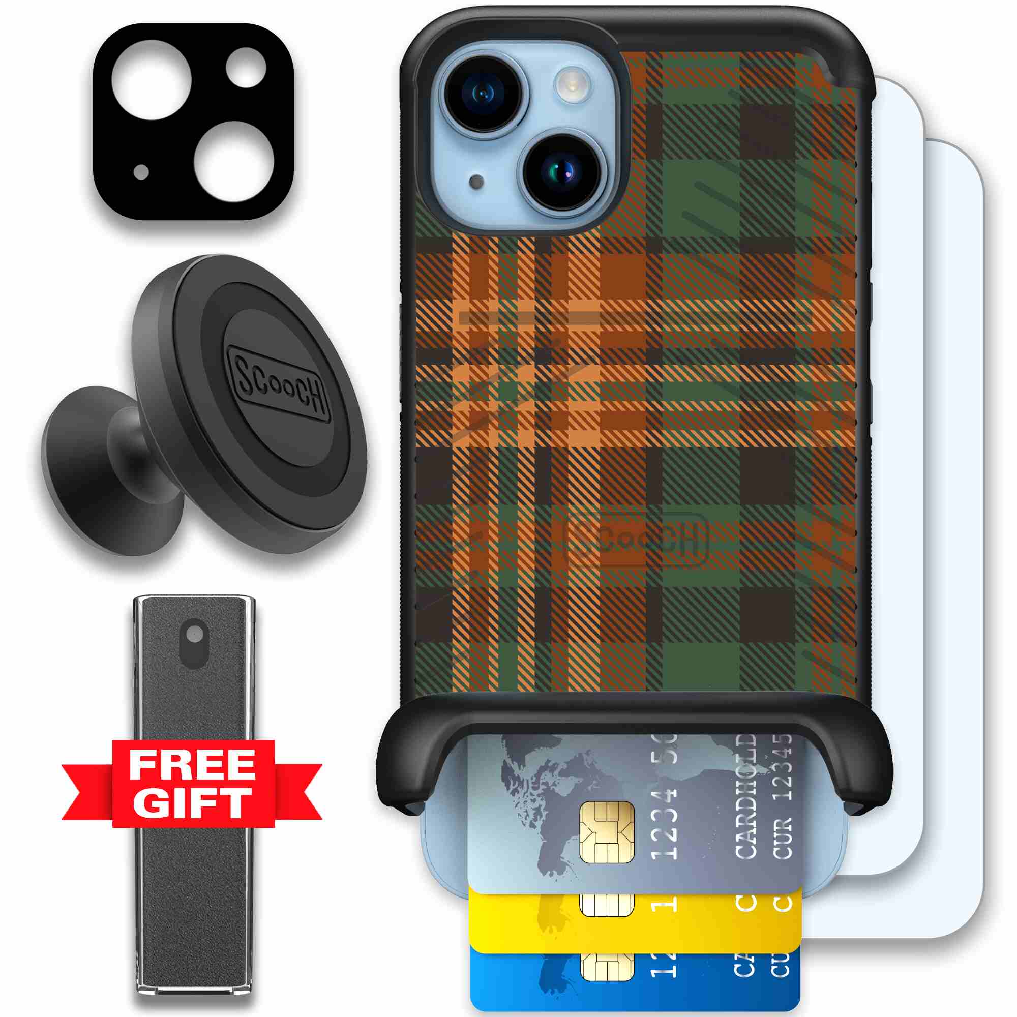 Fall Flannel orange and brown plaid pattern on a Scooch Wingmate case for iPhone 14 - Defender Bundle