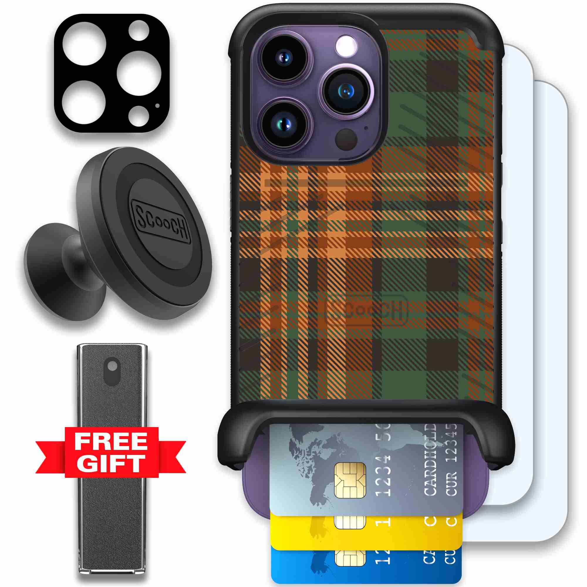 Fall Flannel orange and brown plaid pattern on a Scooch Wingmate case for iPhone 14 Pro - Defender Bundle