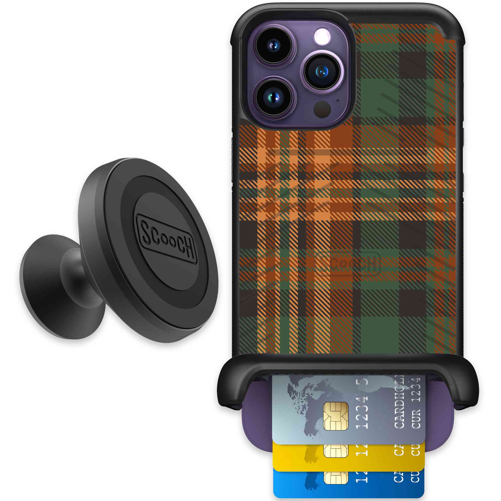 Fall Flannel orange and brown plaid pattern on a Scooch Wingmate case for iPhone 14 Pro Max - Starter Bundle