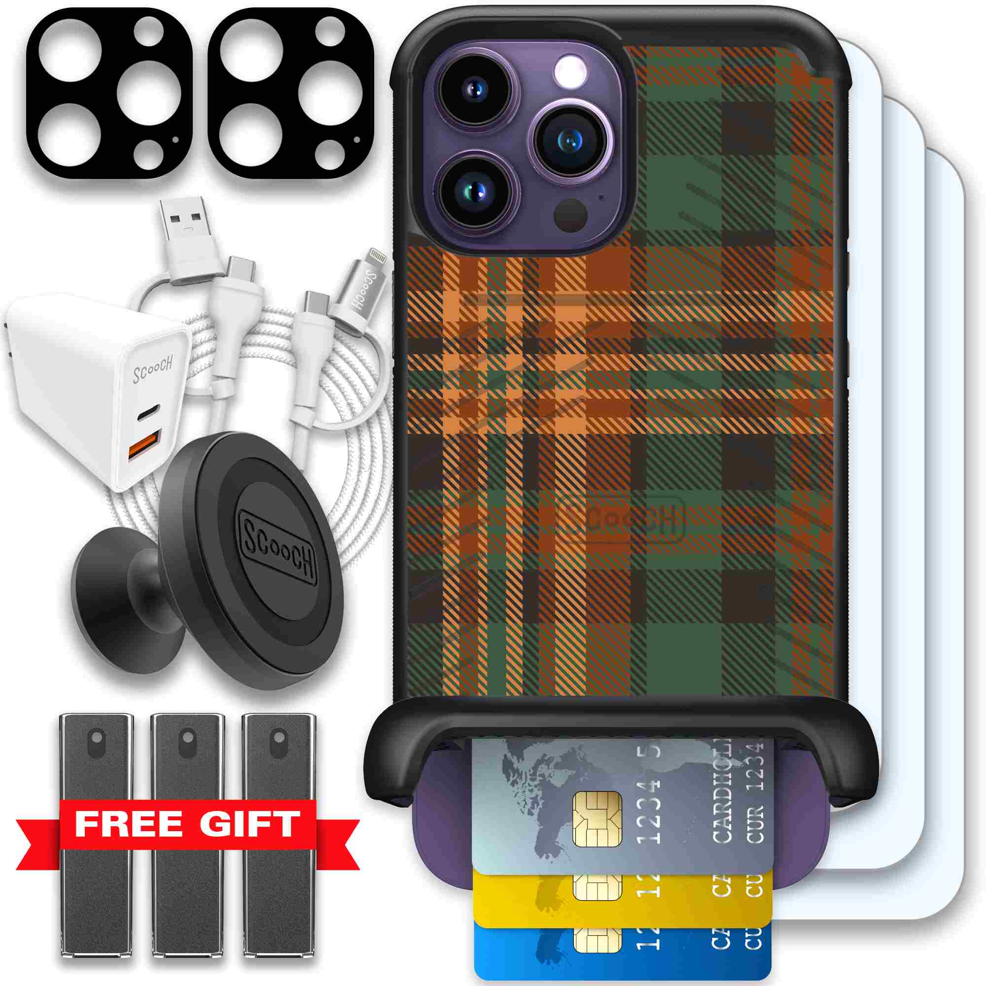 Fall Flannel orange and brown plaid pattern on a Scooch Wingmate case for iPhone 14 Pro Max - Ultimate Bundle