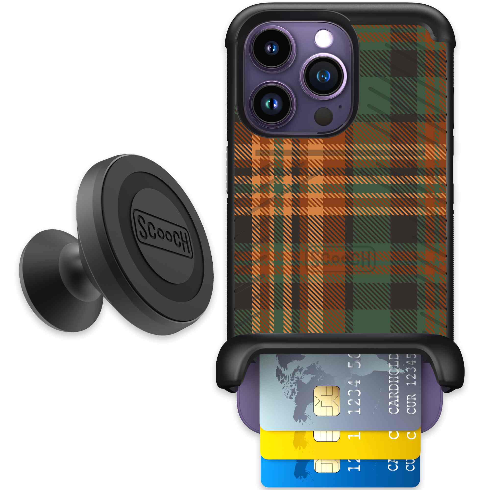 Fall Flannel orange and brown plaid pattern on a Scooch Wingmate case for iPhone 14 Pro - Starter Bundle