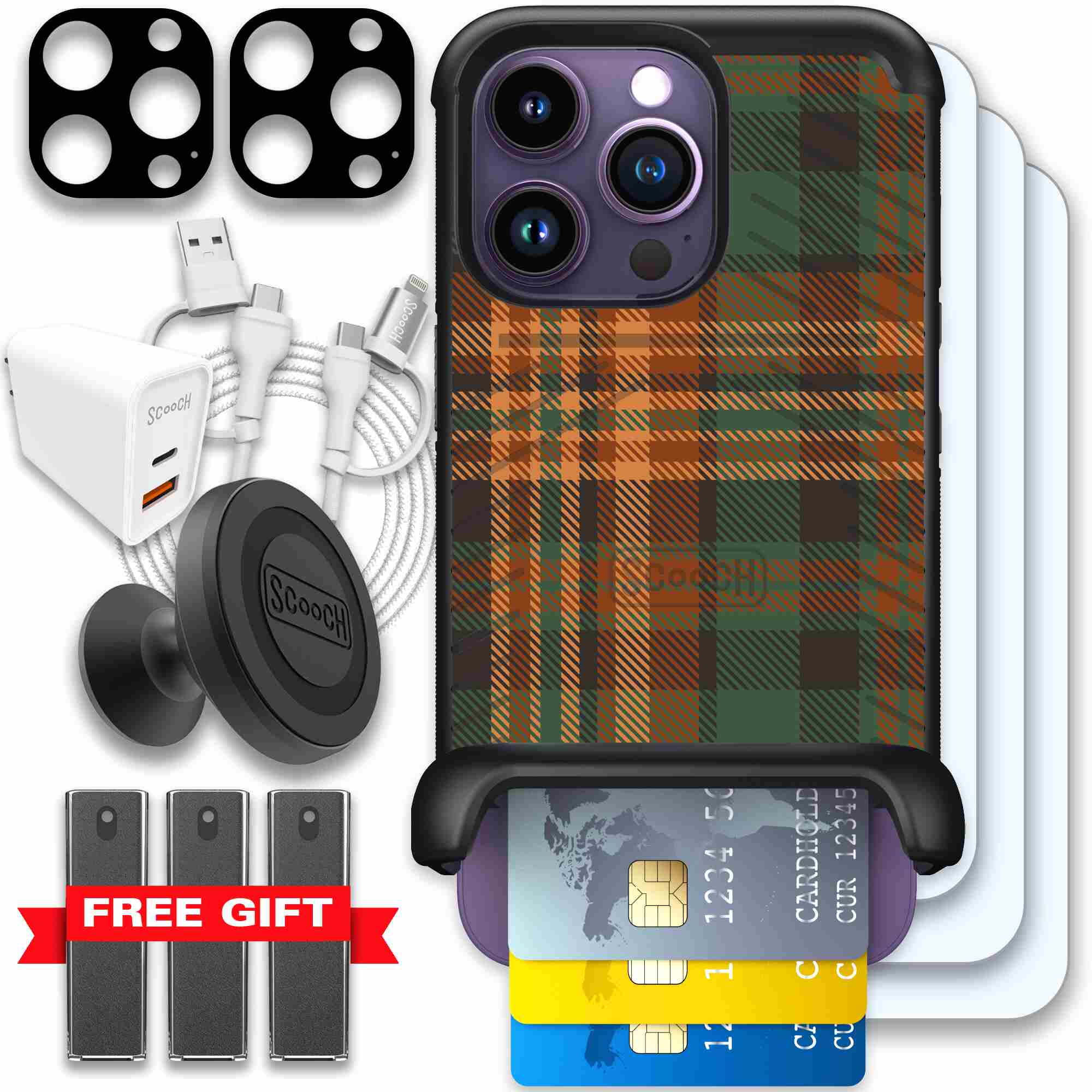 Fall Flannel orange and brown plaid pattern on a Scooch Wingmate case for iPhone 14 Pro - Ultimate Bundle