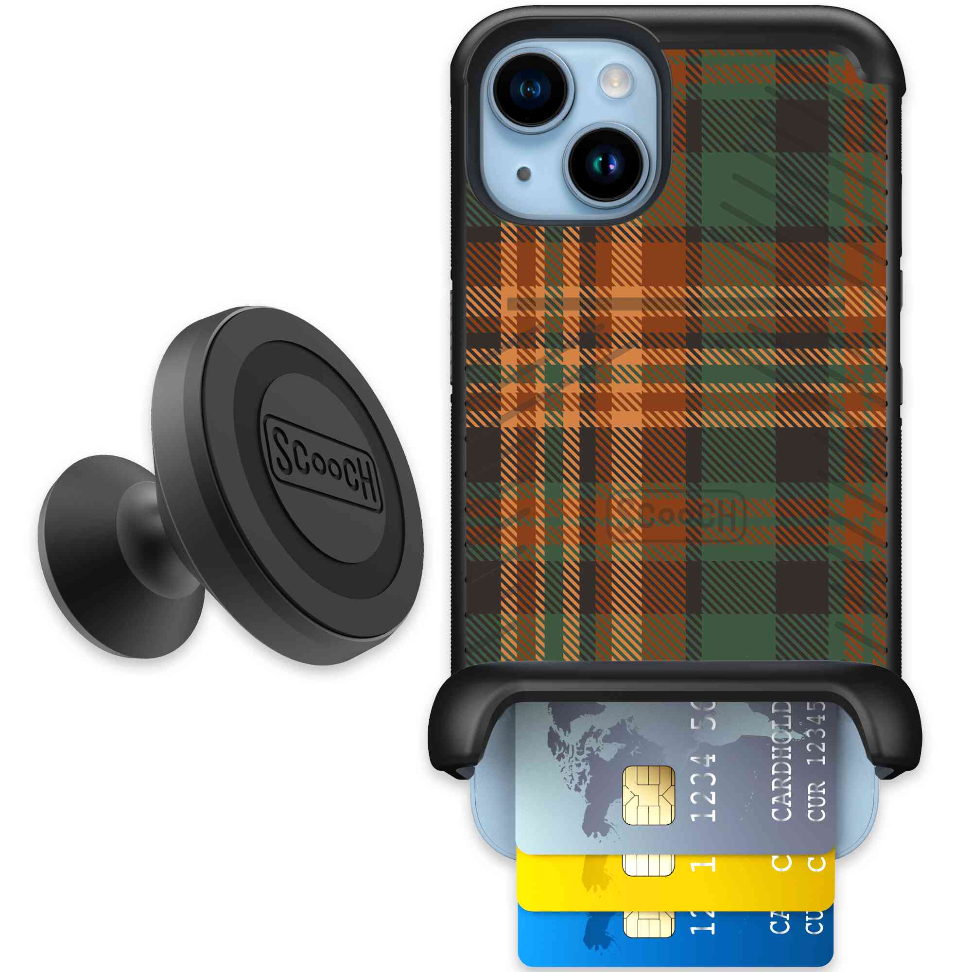 Fall Flannel orange and brown plaid pattern on a Scooch Wingmate case for iPhone 14 - Starter Bundle