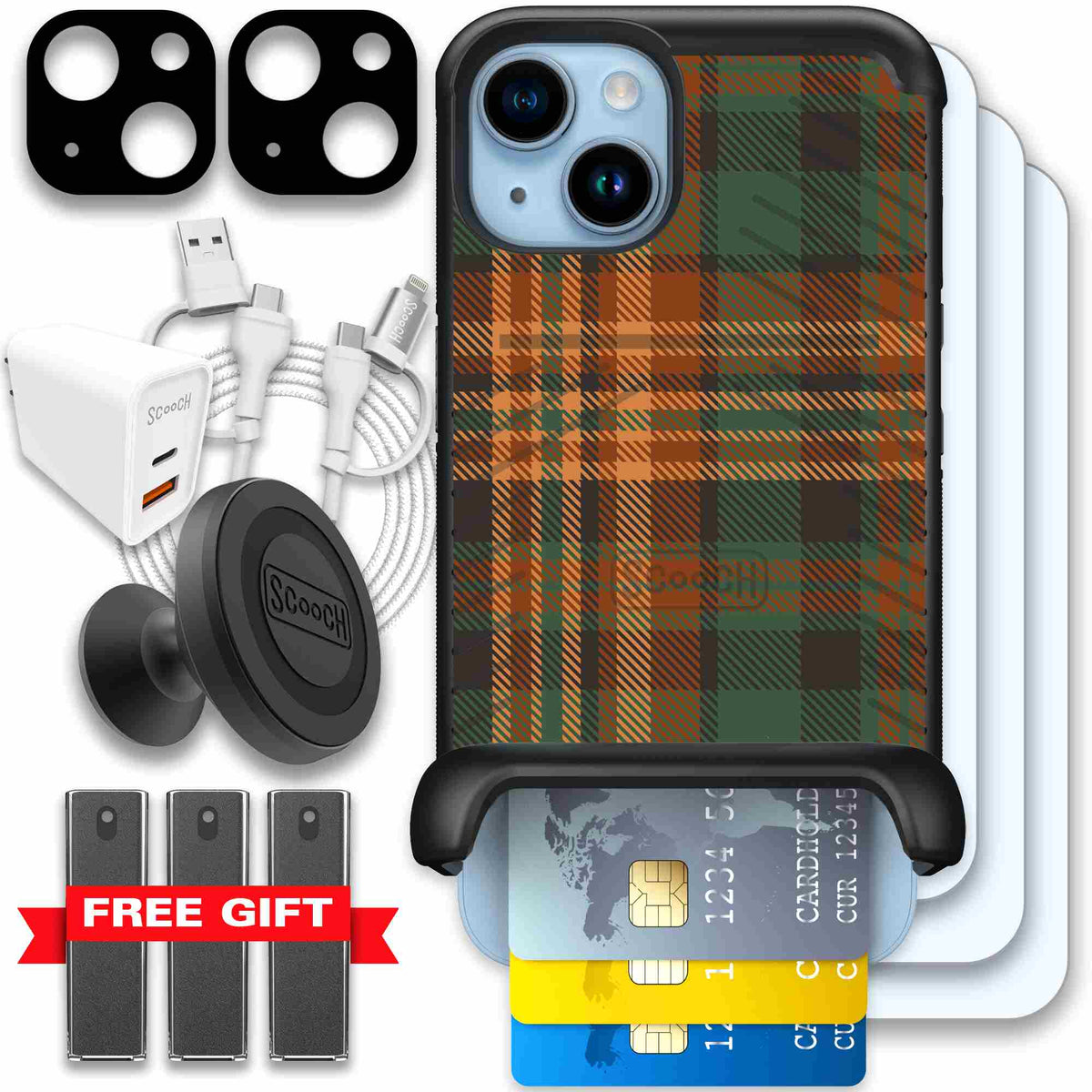 Fall Flannel orange and brown plaid pattern on a Scooch Wingmate case for iPhone 14 - Ultimate Bundle