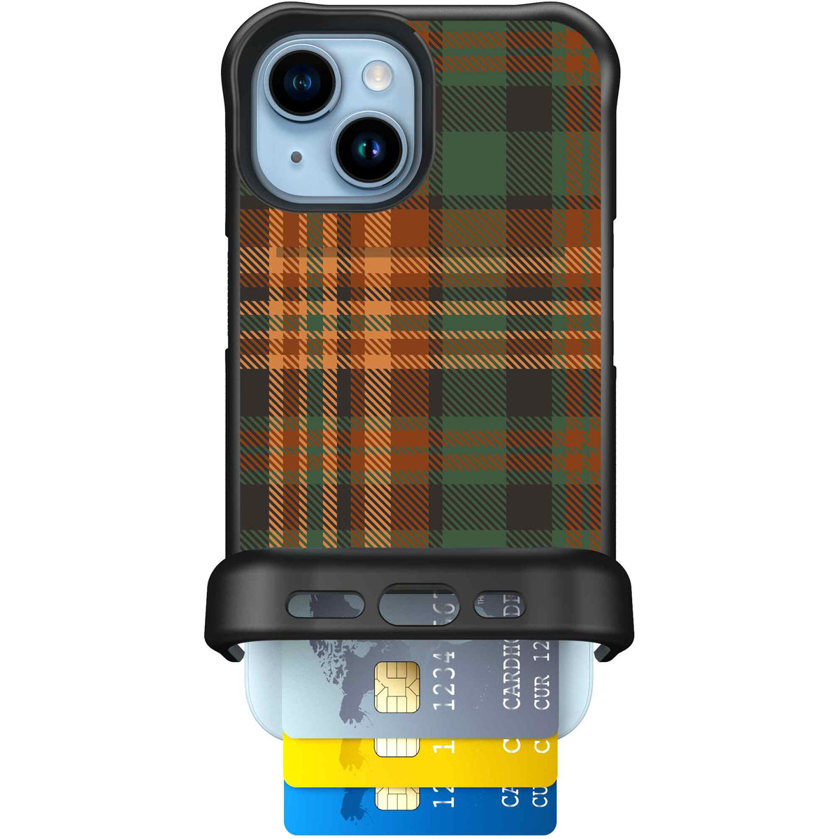 Fall Flannel orange and brown plaid pattern on a Scooch Wingmate case for iPhone 15