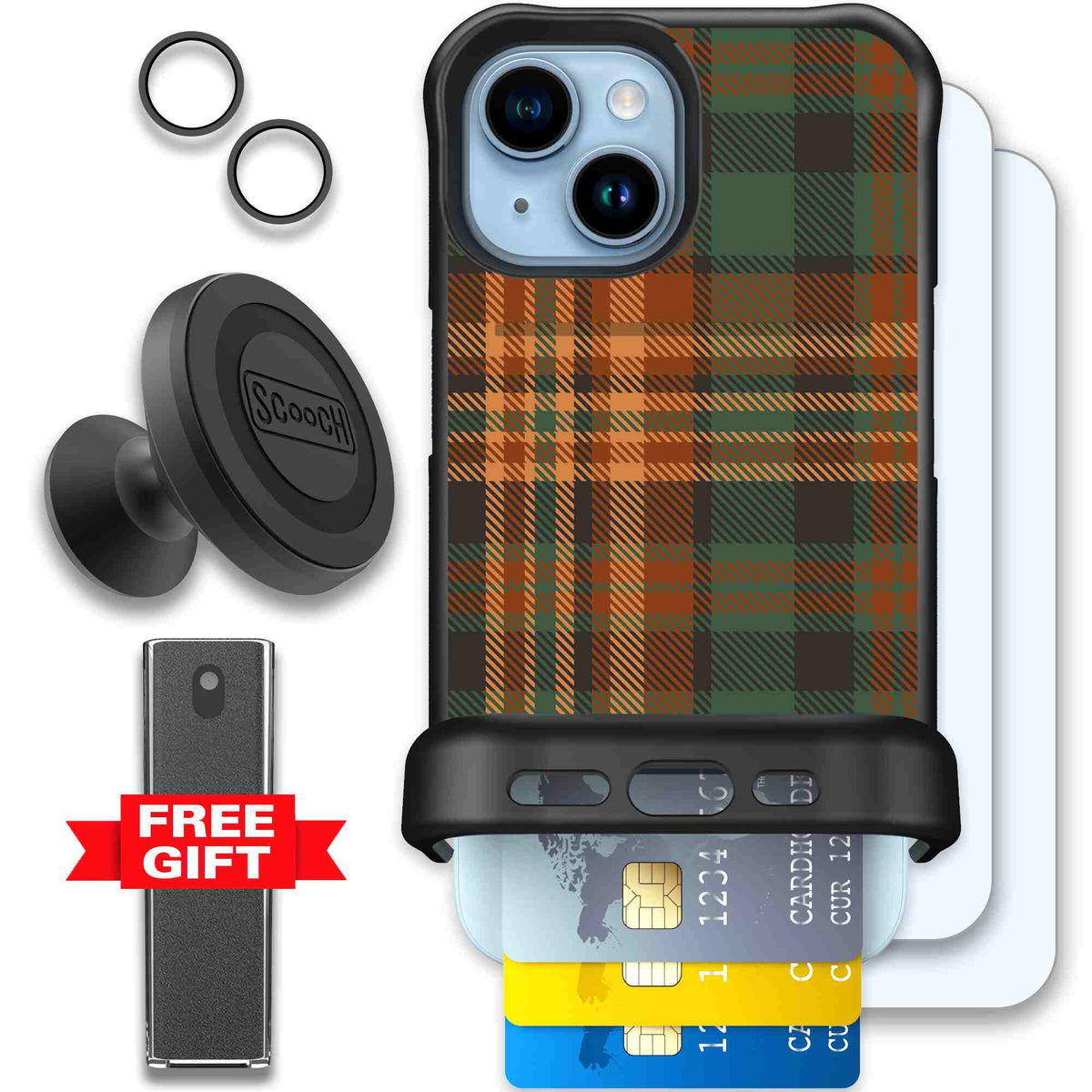 Fall Flannel orange and brown plaid pattern on a Scooch Wingmate case for iPhone 15 - Defender Bundle