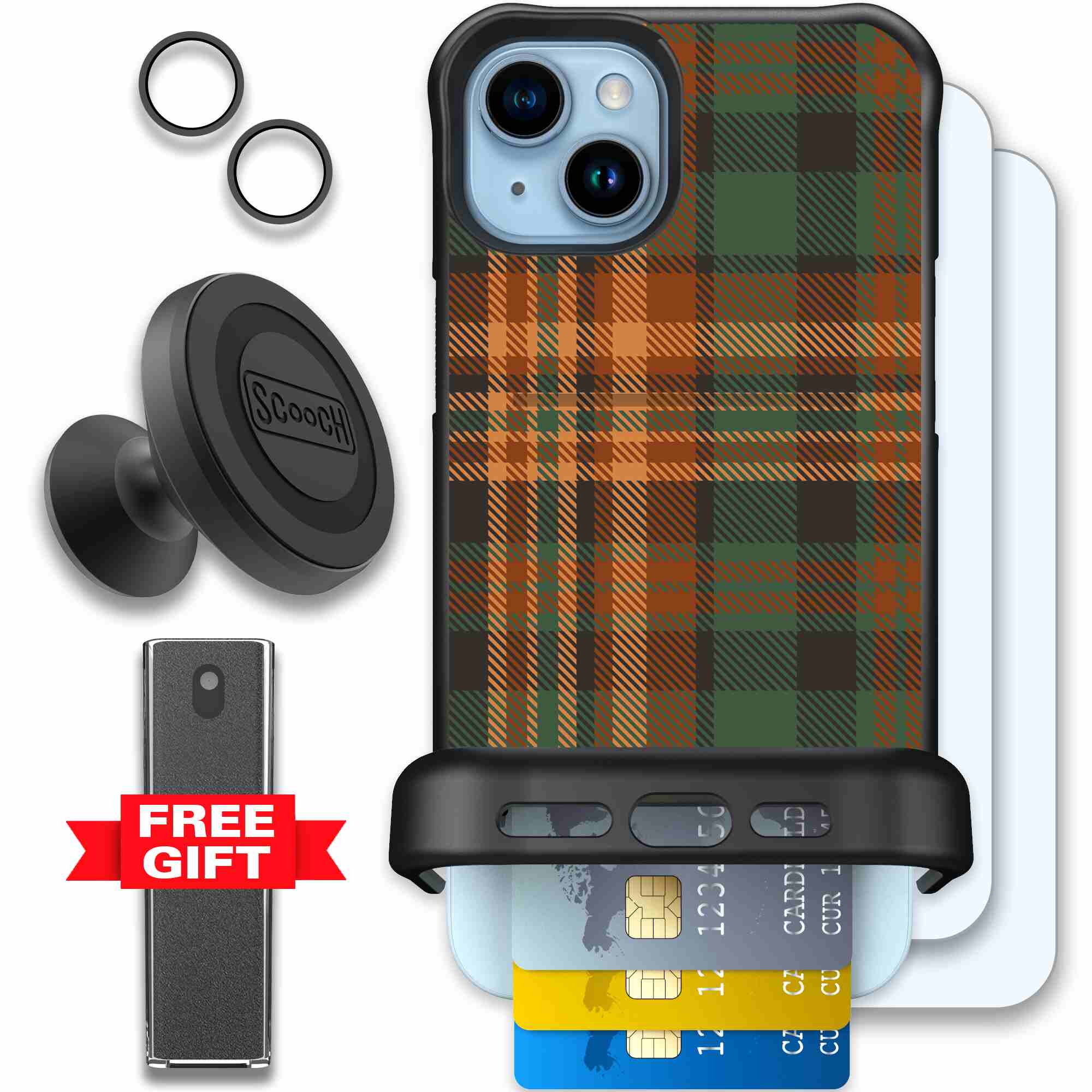 Fall Flannel orange and brown plaid pattern on a Scooch Wingmate case for iPhone 15 Plus - Defender Bundle