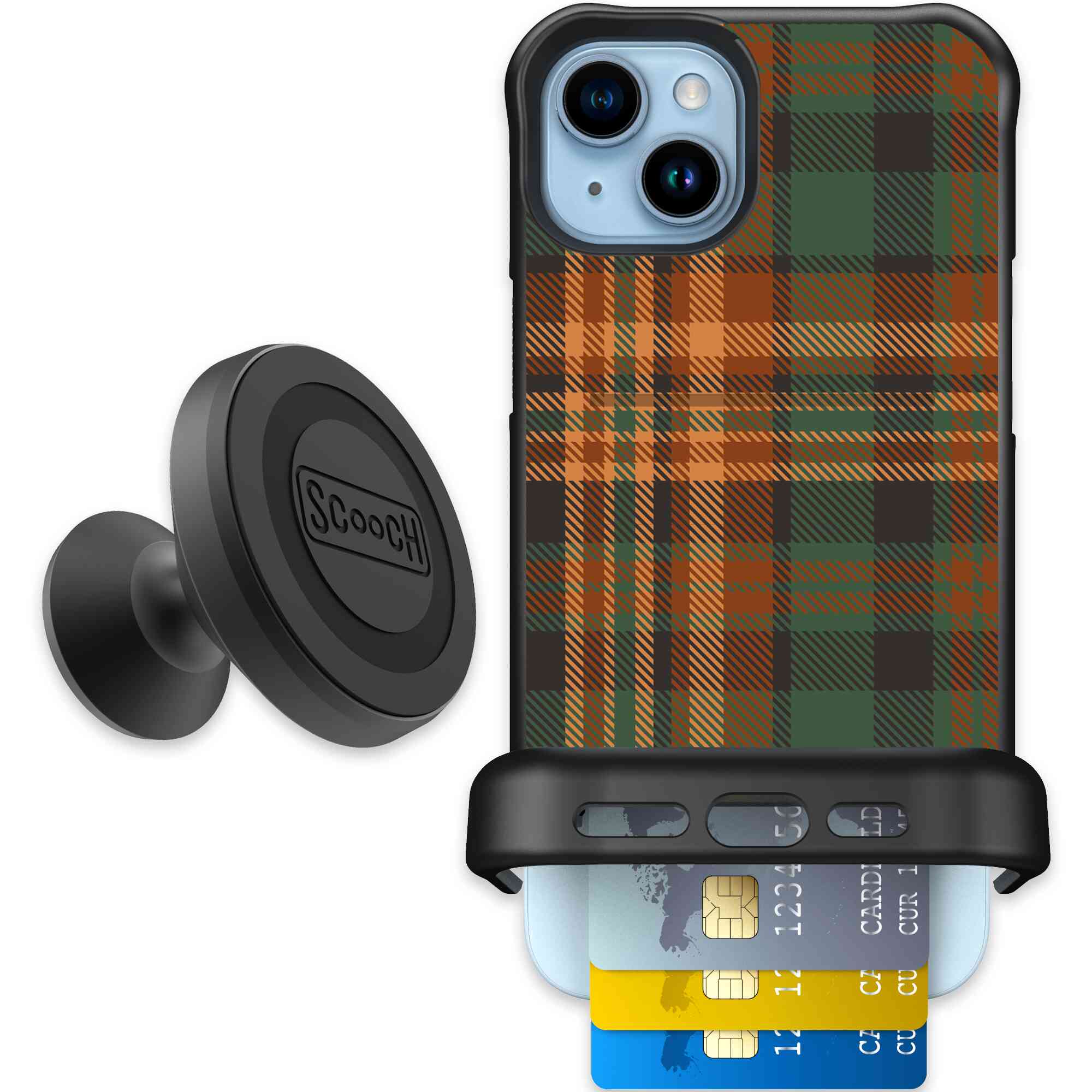 Fall Flannel orange and brown plaid pattern on a Scooch Wingmate case for iPhone 15 Plus - Starter Bundle