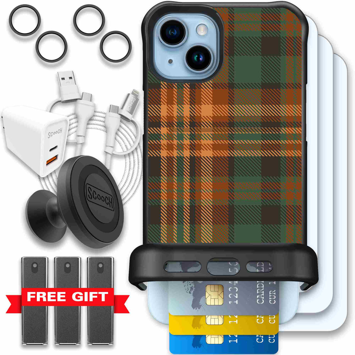 Fall Flannel orange and brown plaid pattern on a Scooch Wingmate case for iPhone 15 Plus - Ultimate Bundle