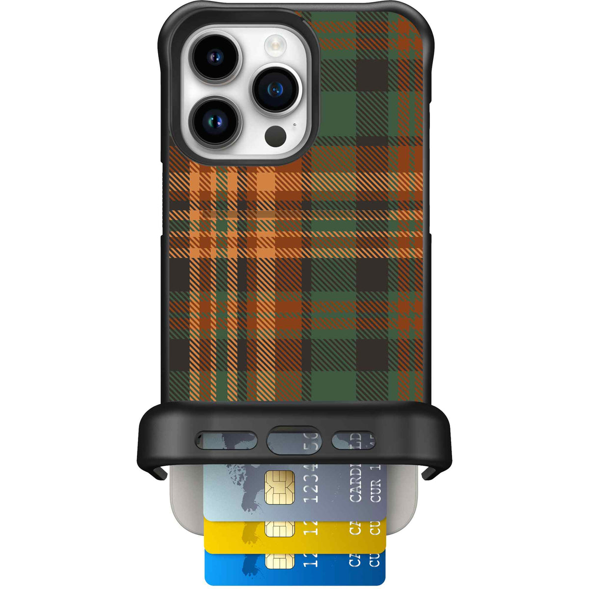 Fall Flannel orange and brown plaid pattern on a Scooch Wingmate case for iPhone 15 Pro Max