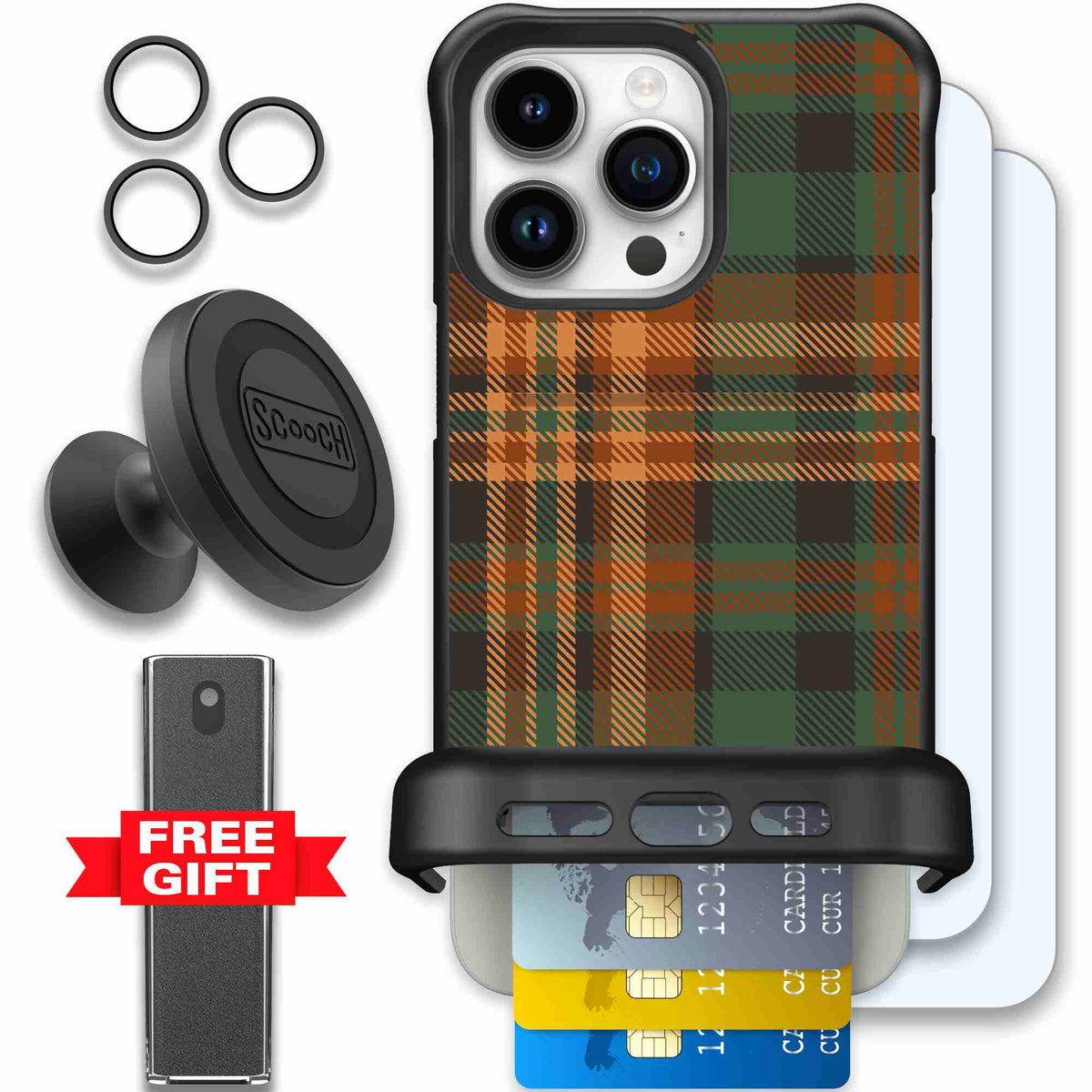 Fall Flannel orange and brown plaid pattern on a Scooch Wingmate case for iPhone 15 Pro Max - Defender Bundle