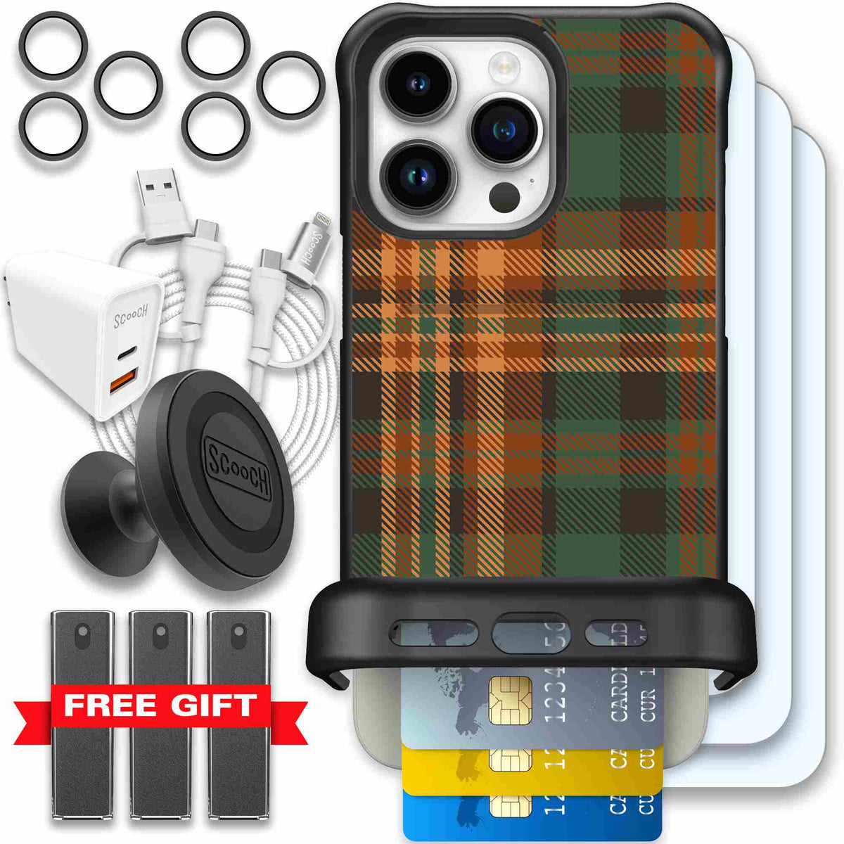 Fall Flannel orange and brown plaid pattern on a Scooch Wingmate case for iPhone 15 Pro Max - Ultimate Bundle