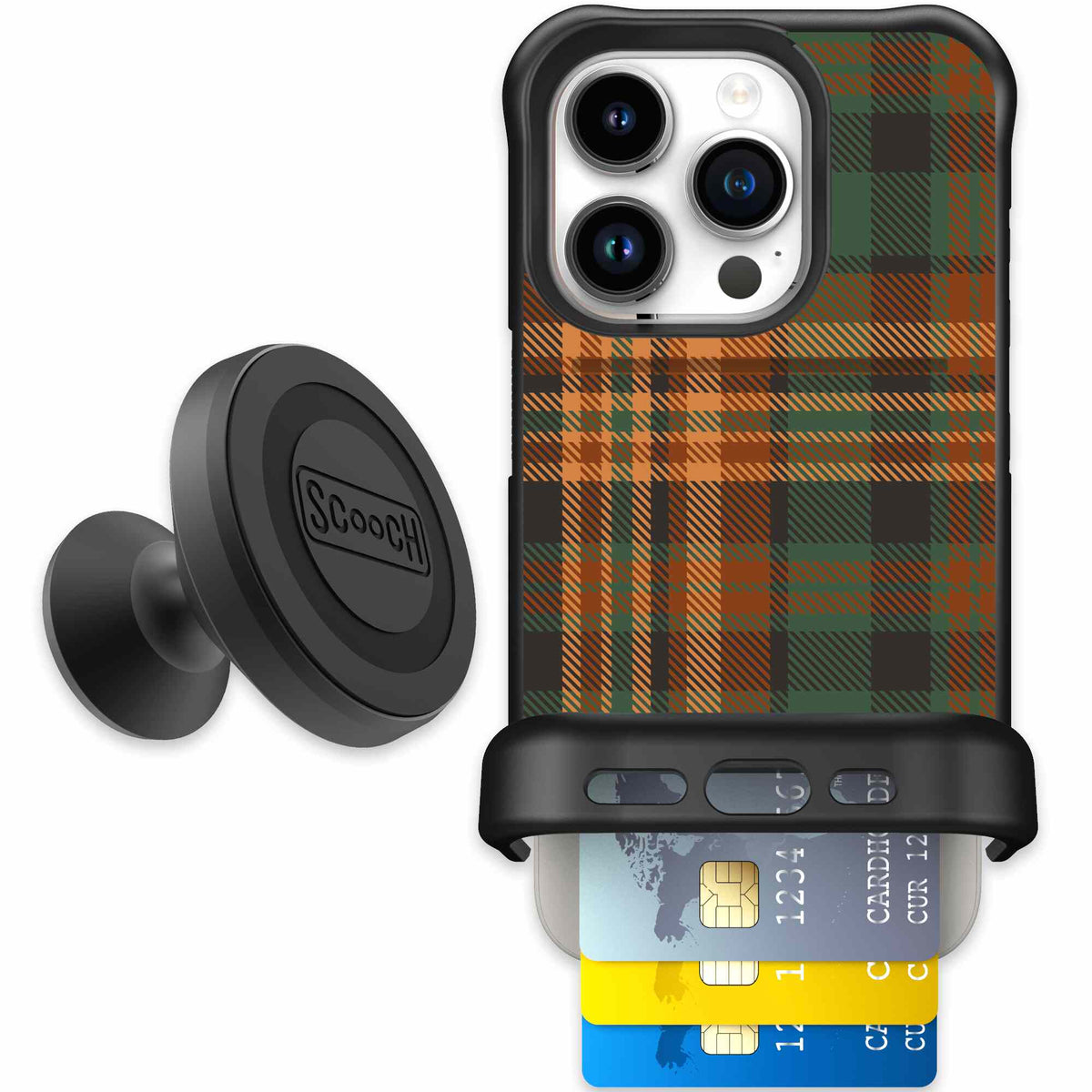 Fall Flannel orange and brown plaid pattern on a Scooch Wingmate case for iPhone 15 Pro - Starter Bundle