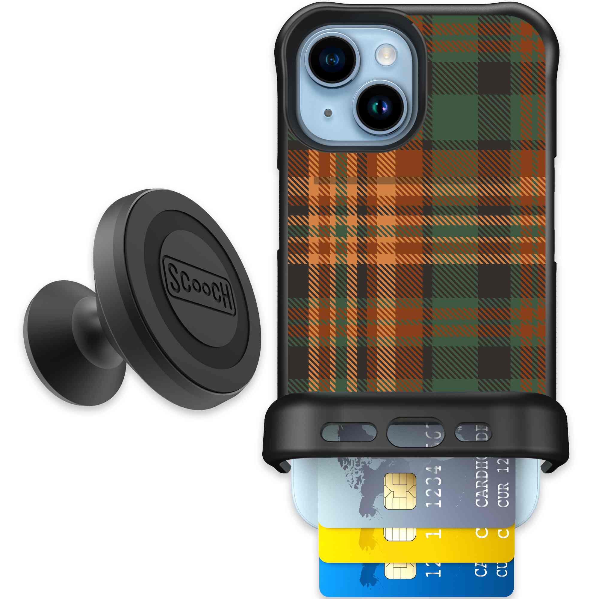 Fall Flannel orange and brown plaid pattern on a Scooch Wingmate case for iPhone 15 - Starter Bundle