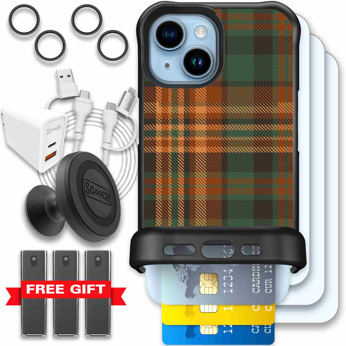 Fall Flannel orange and brown plaid pattern on a Scooch Wingmate case for iPhone 15 - Ultimate Bundle