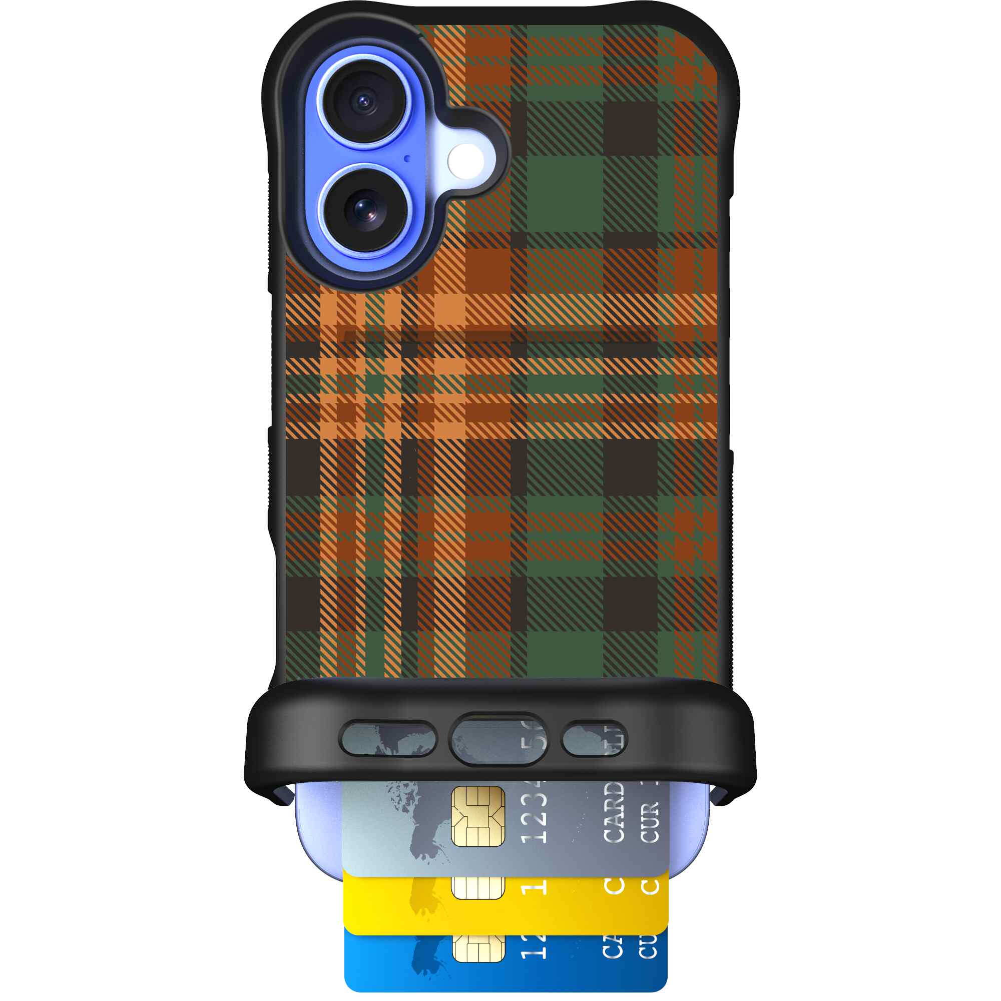Fall Flannel orange and brown plaid pattern on a Scooch Wingmate case for iPhone 16