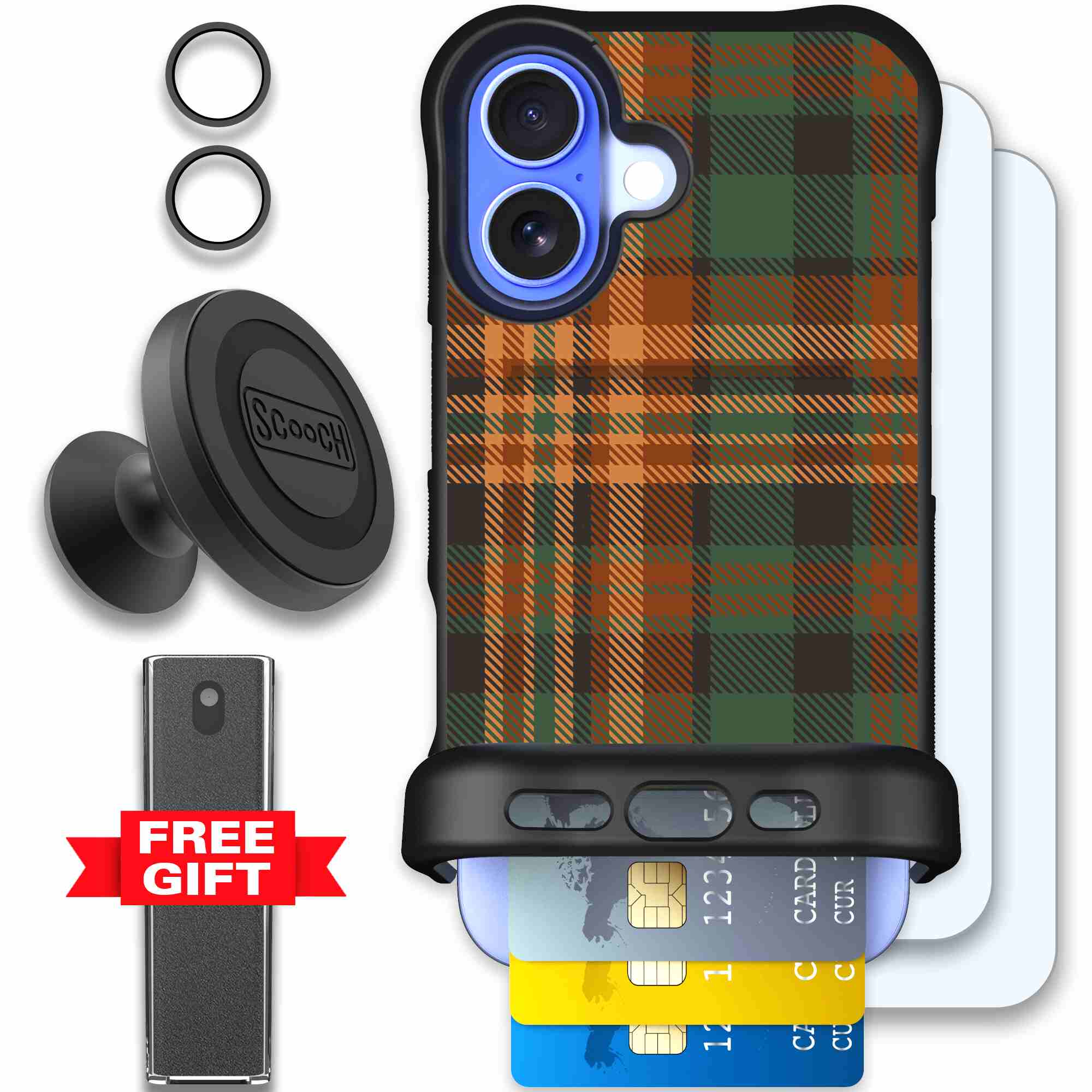 Fall Flannel orange and brown plaid pattern on a Scooch Wingmate case for iPhone 16 - Defender Bundle