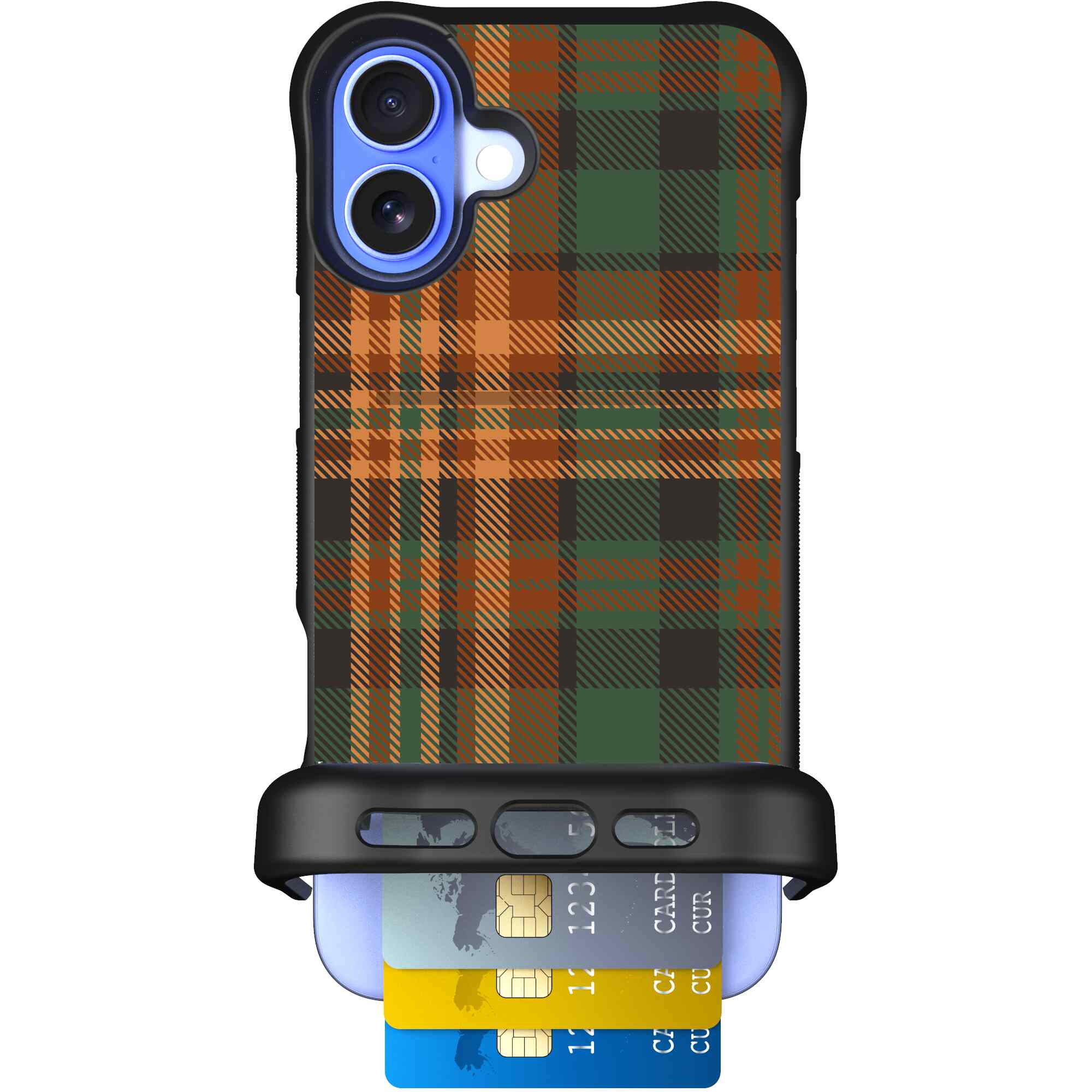 Fall Flannel orange and brown plaid pattern on a Scooch Wingmate case for iPhone 16 Plus