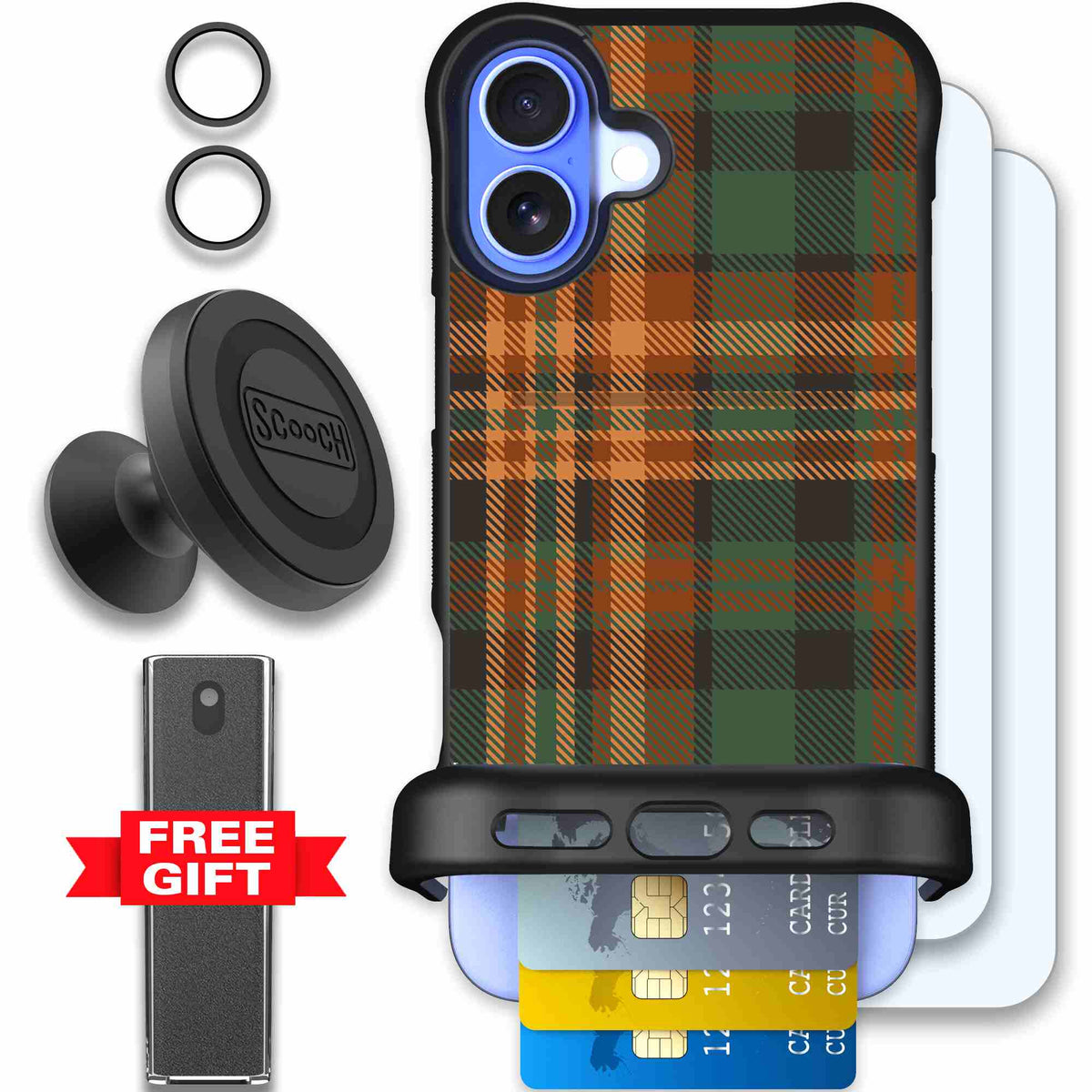 Fall Flannel orange and brown plaid pattern on a Scooch Wingmate case for iPhone 16 Plus - Defender Bundle