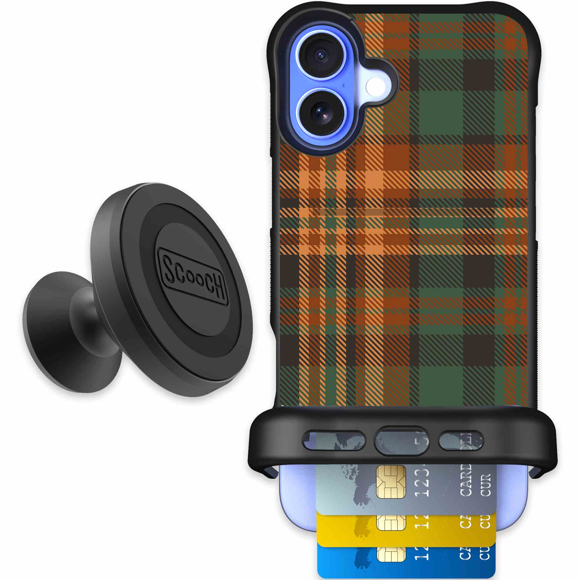 Fall Flannel orange and brown plaid pattern on a Scooch Wingmate case for iPhone 16 Plus - Starter Bundle