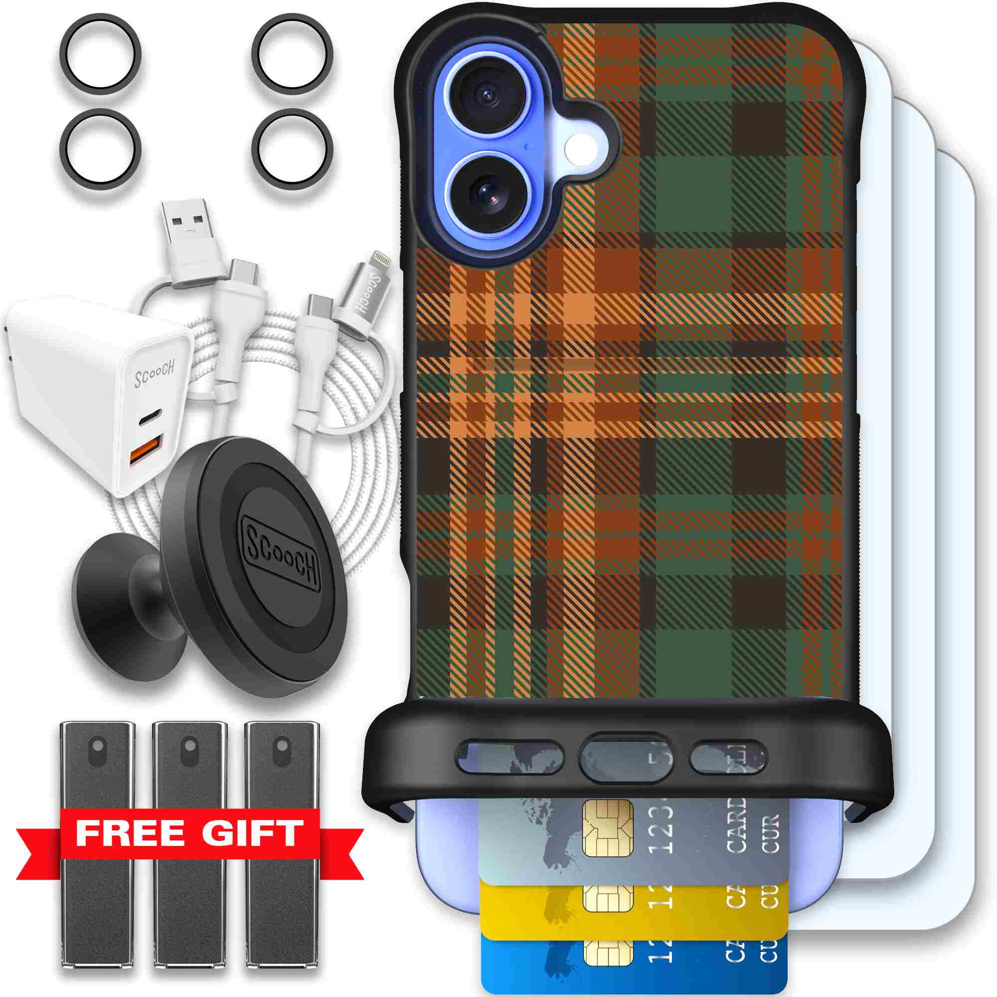 Fall Flannel orange and brown plaid pattern on a Scooch Wingmate case for iPhone 16 Plus - Ultimate Bundle