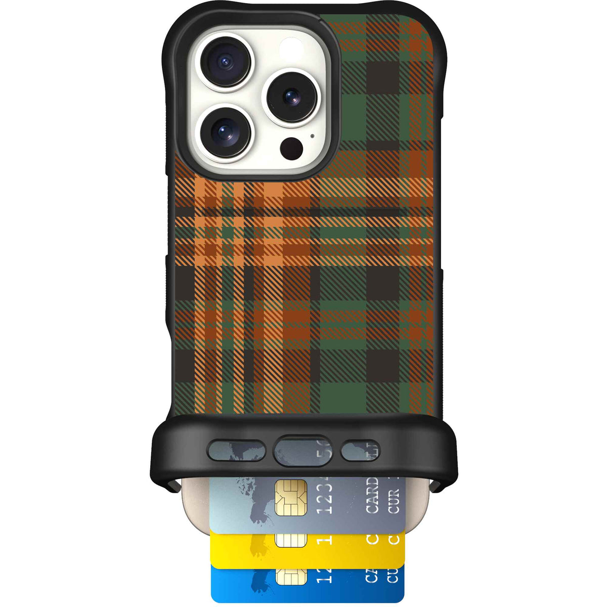 Fall Flannel orange and brown plaid pattern on a Scooch Wingmate case for iPhone 16 Pro
