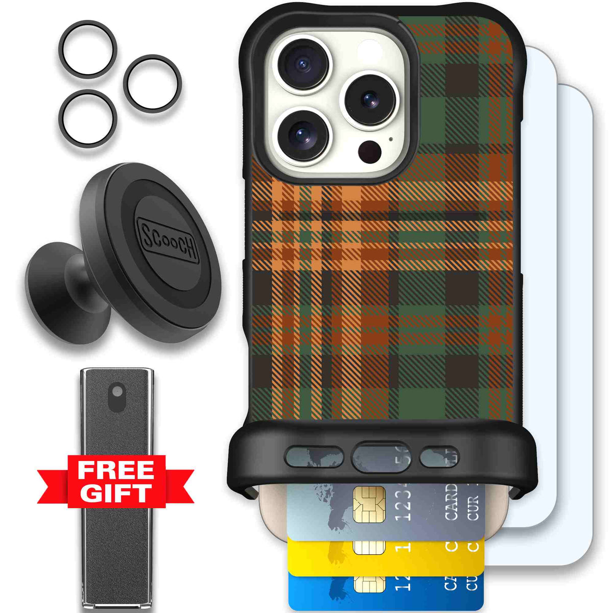 Fall Flannel orange and brown plaid pattern on a Scooch Wingmate case for iPhone 16 Pro - Defender Bundle