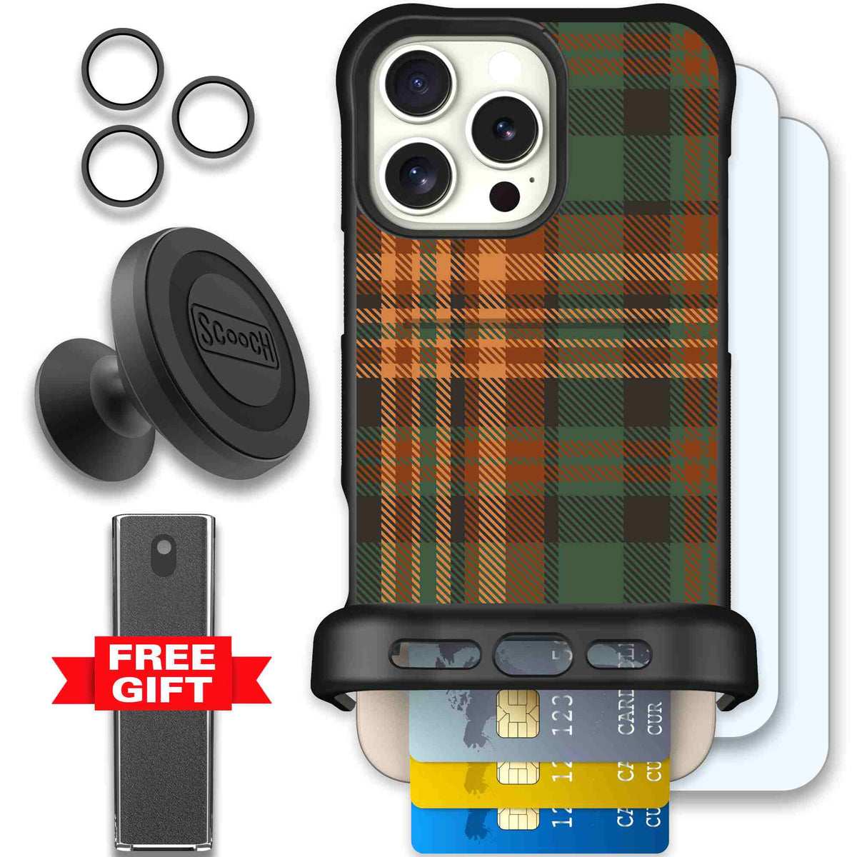 Fall Flannel orange and brown plaid pattern on a Scooch Wingmate case for iPhone 16 Pro Max - Defender Bundle